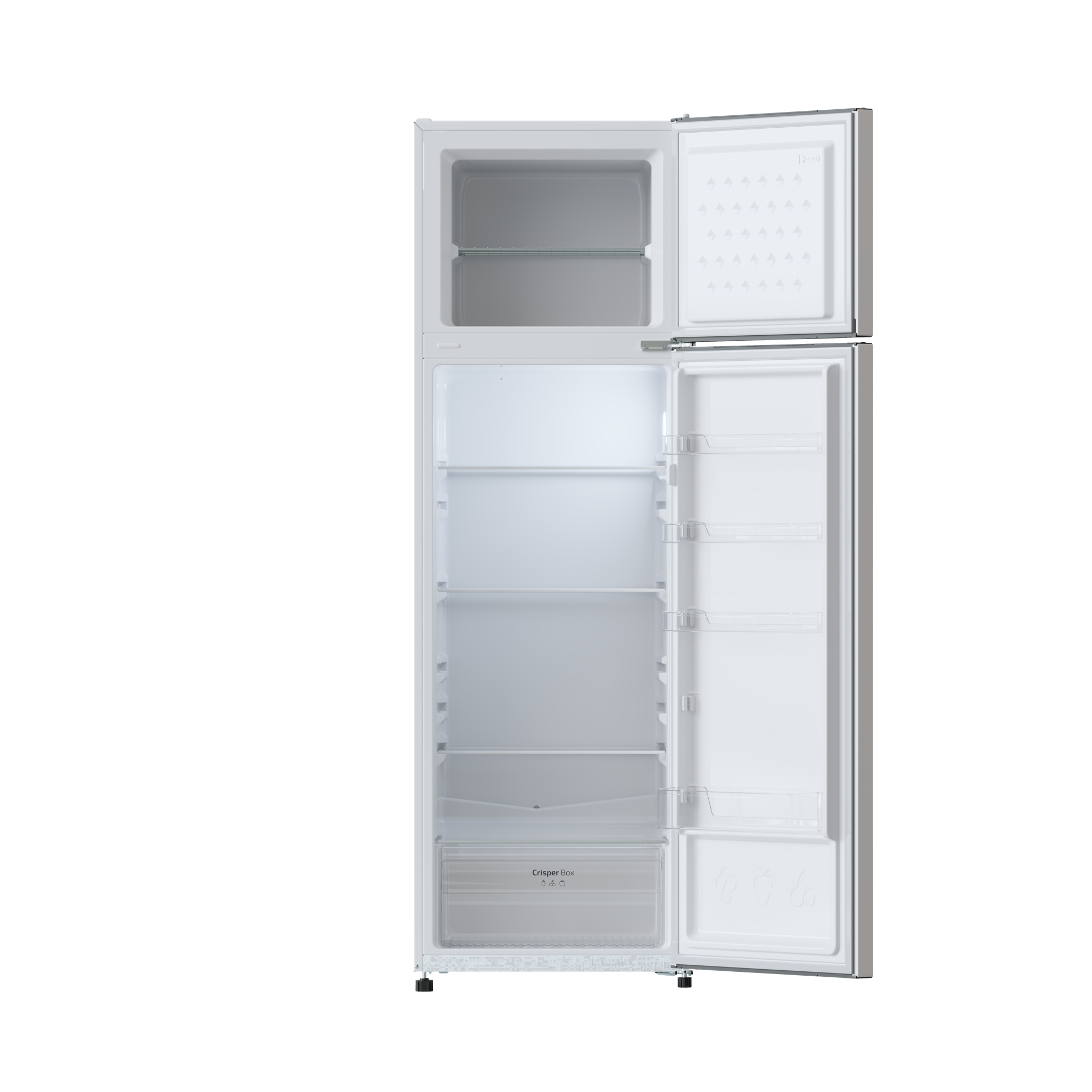 Refrigerador blanco abierto. Visibles estantes, cajones y el cajón de verduras.
