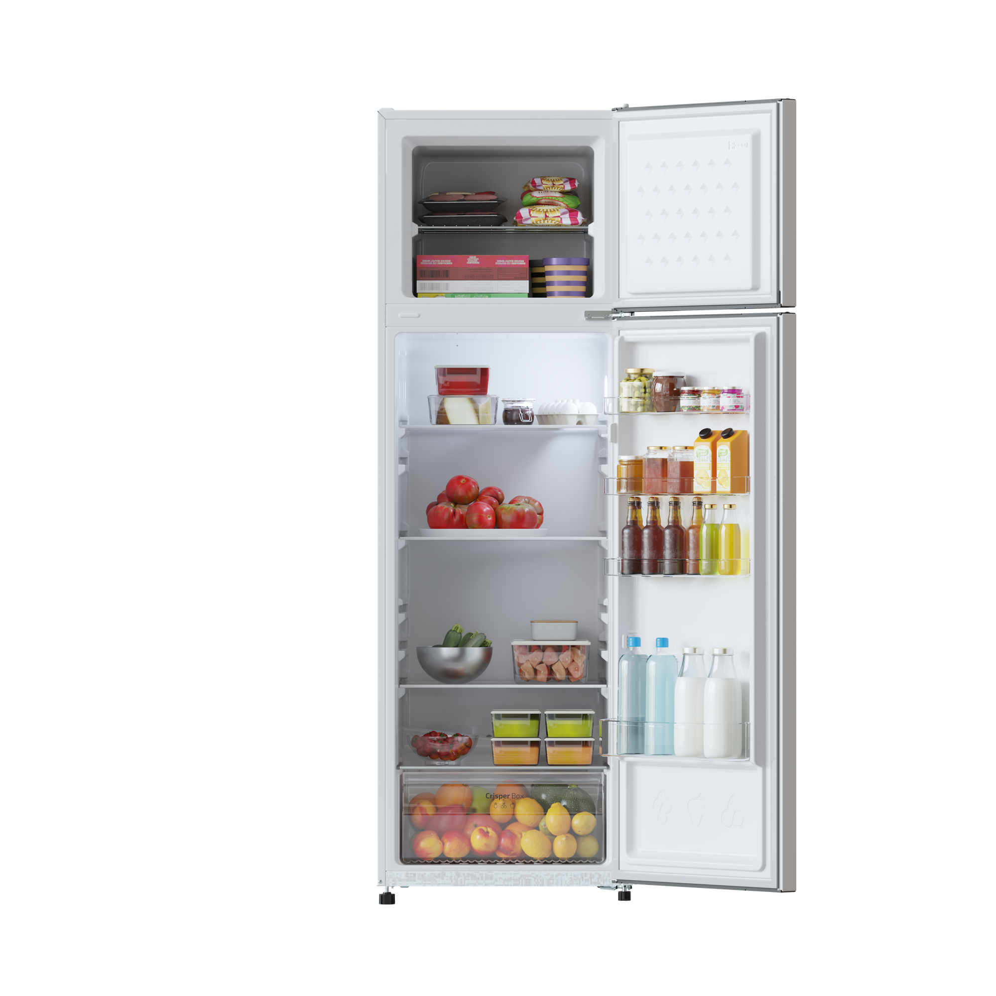 Refrigerador blanco abierto con alimentos, incluidos tomates, botellas y recipientes.