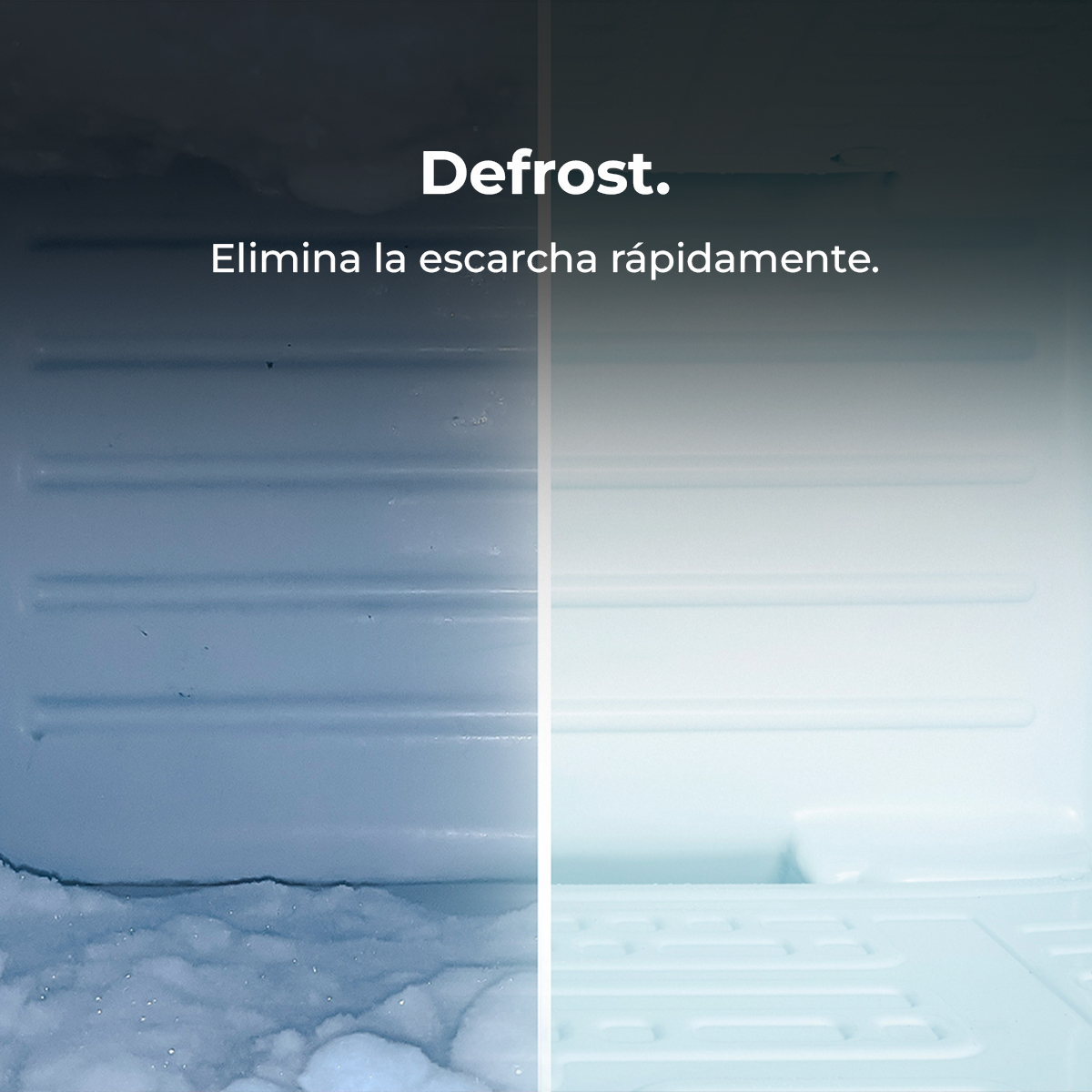 Interior de refrigerador mostrando descongelación; hielo a la izquierda, limpio a la derecha.
