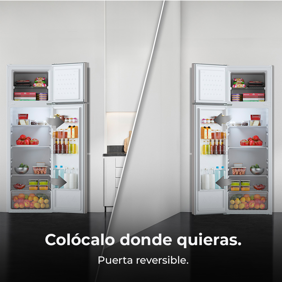 Dos frigoríficos uno al lado del otro. Ambas puertas están abiertas, mostrando comida. Texto en español.