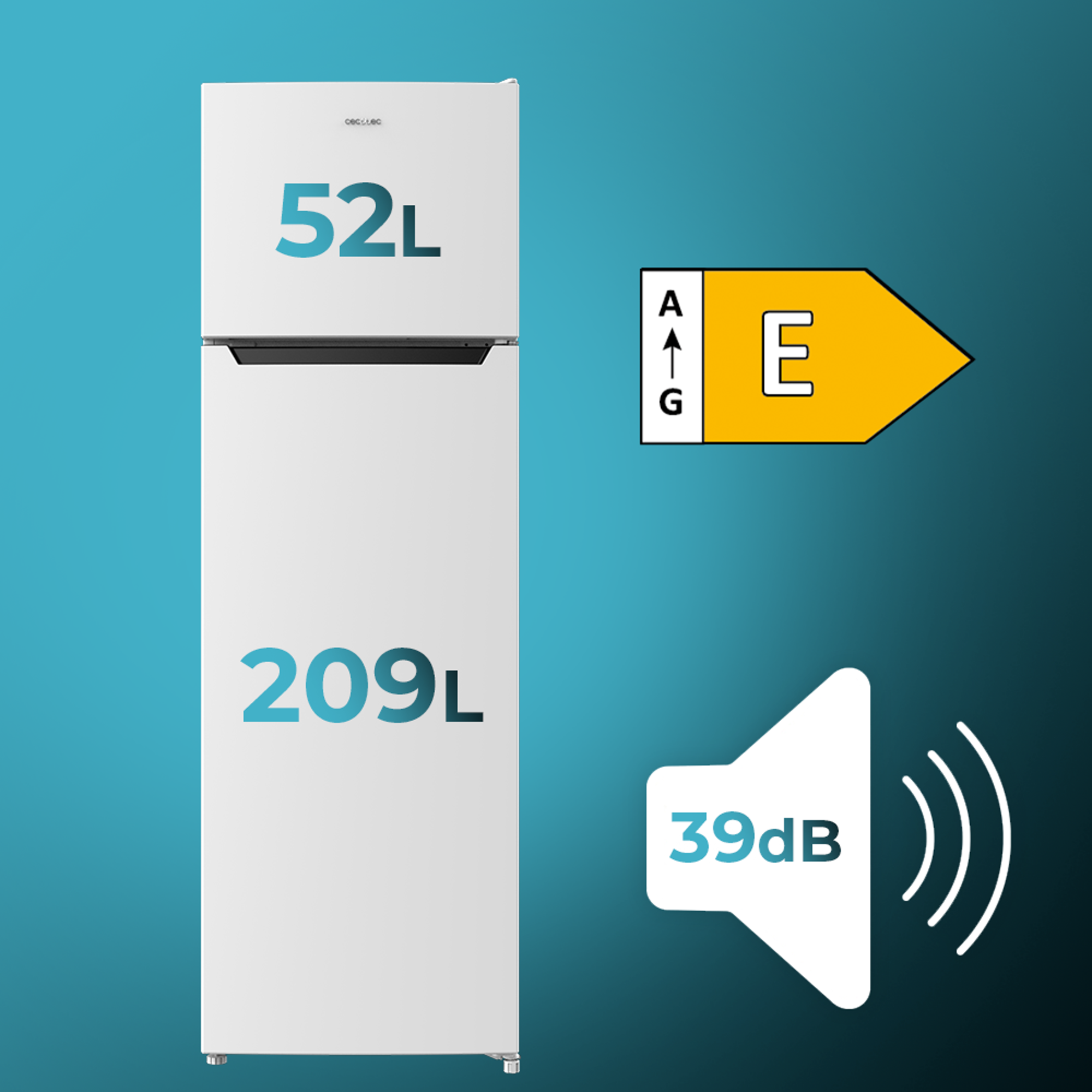 Refrigerador blanco con manija negra, etiqueta energética y volumen.