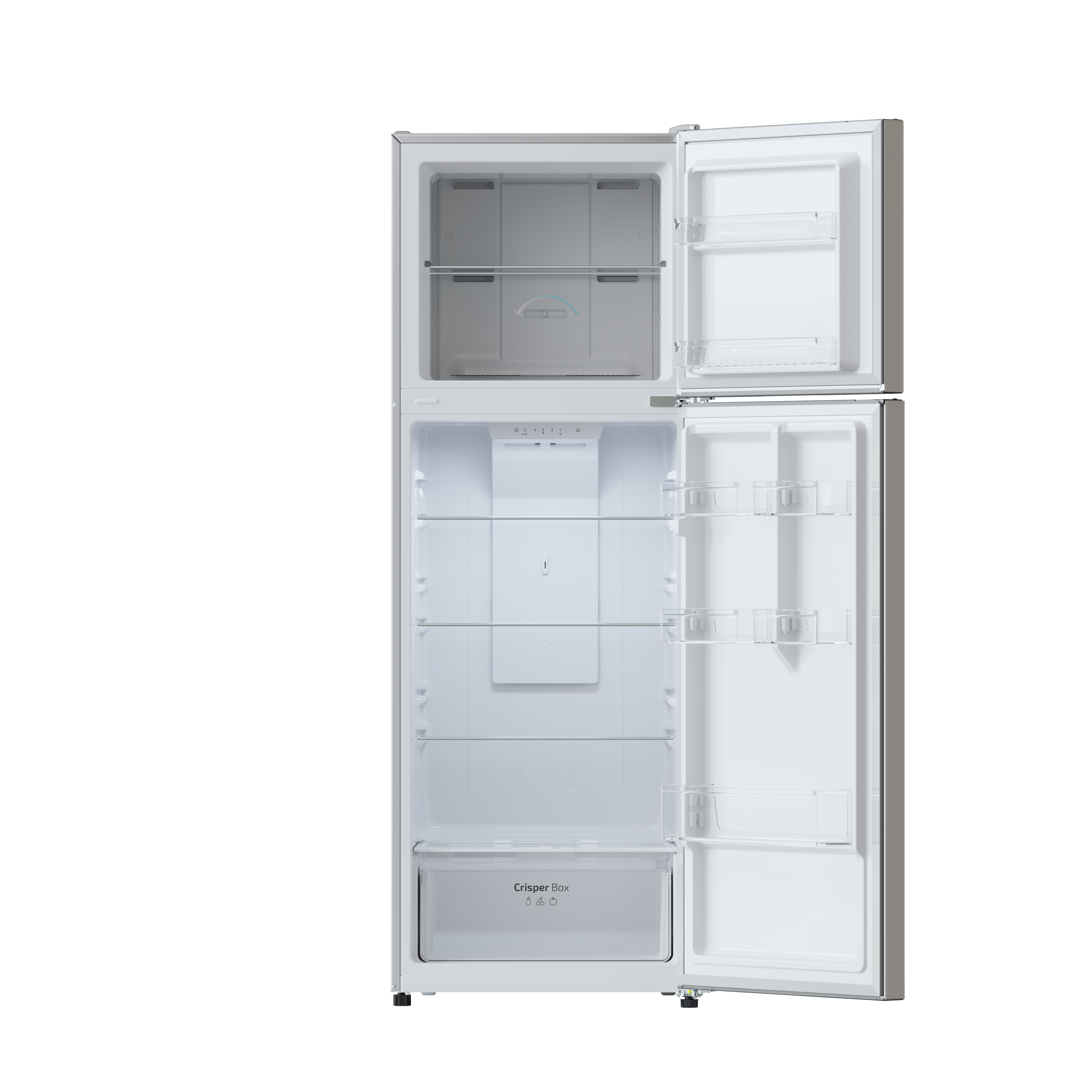 Refrigerador blanco, abierto, mostrando estantes, cajón de verduras y contenido.