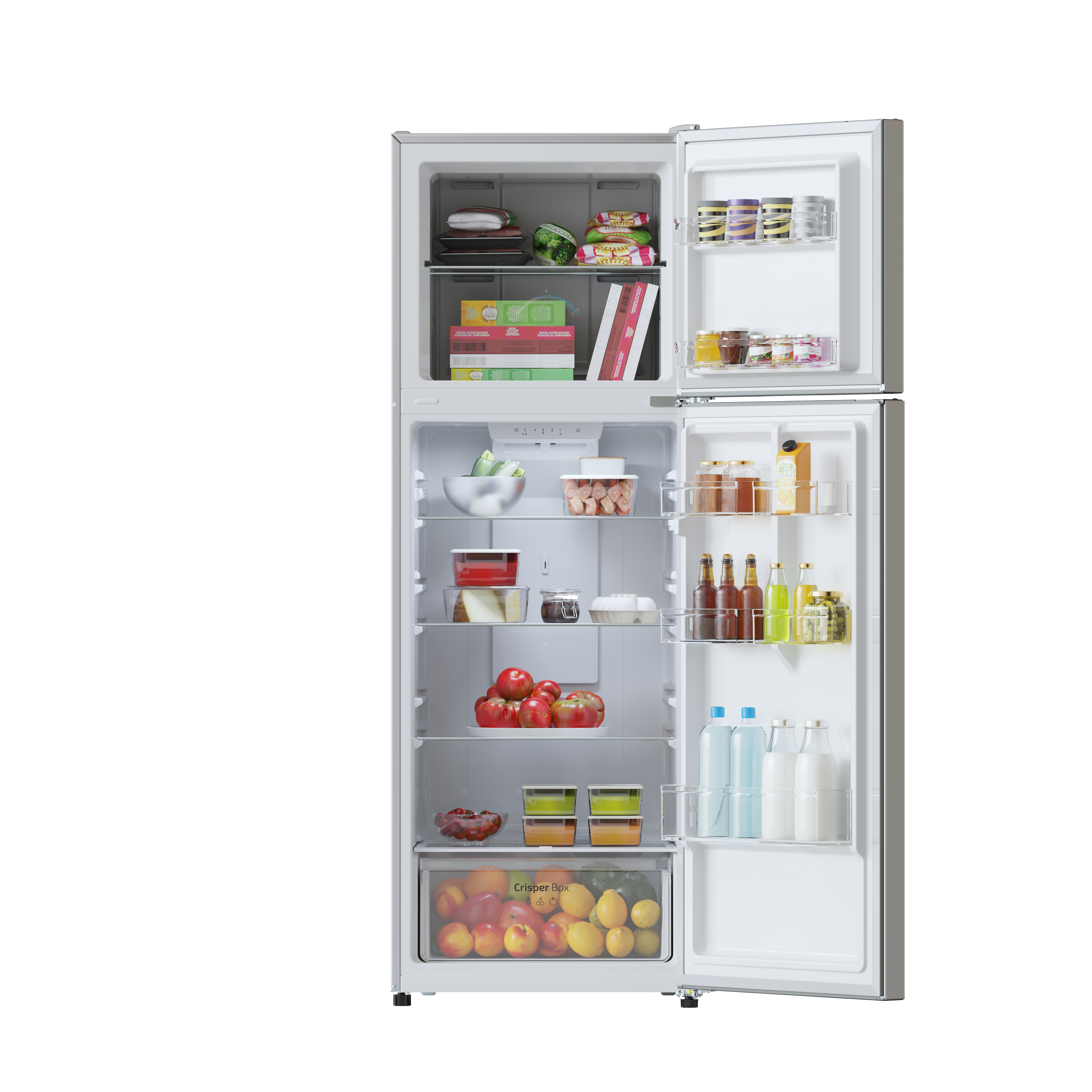 Interior de refrigerador abierto con alimentos. Se ven las secciones superior e inferior con varios artículos.