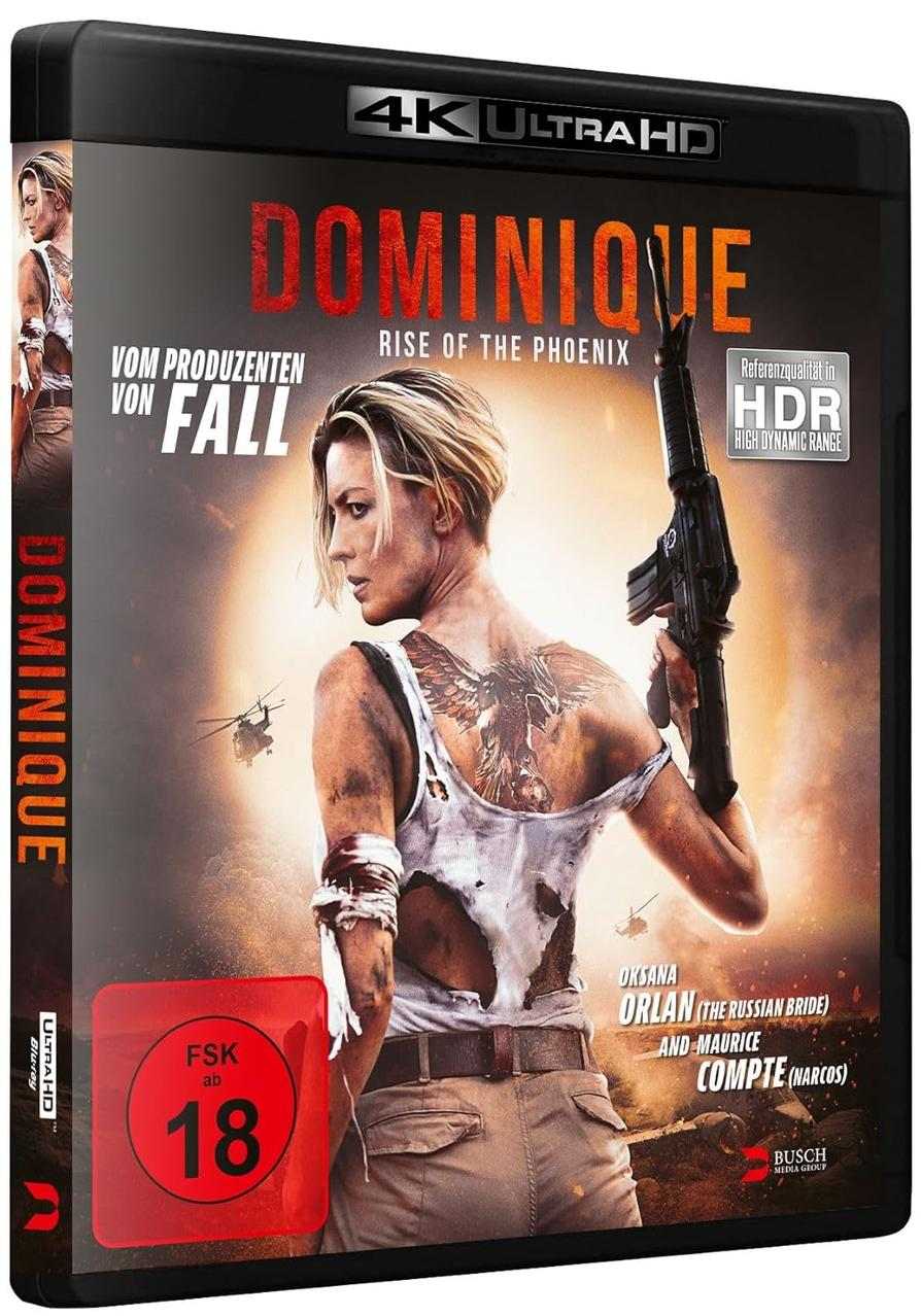 Filmcover. Eine Frau mit einer Waffe, Filmtitel: Dominique. Schwarze Hülle mit rotem FSK 18-Aufkleber.