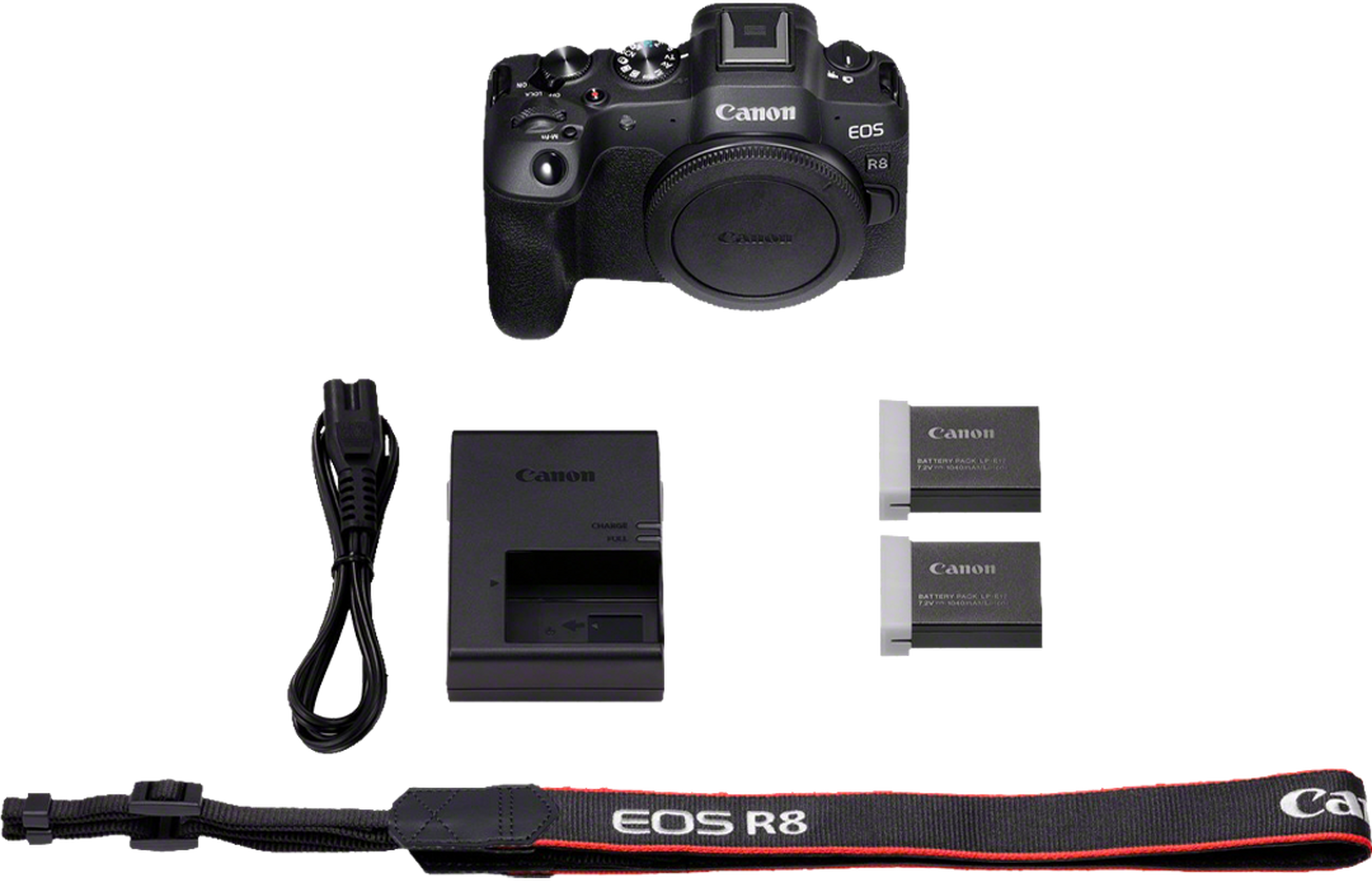 Un appareil photo Canon EOS R8 avec accessoires : chargeur, batteries, sangle et câble d'alimentation, sur fond noir.
