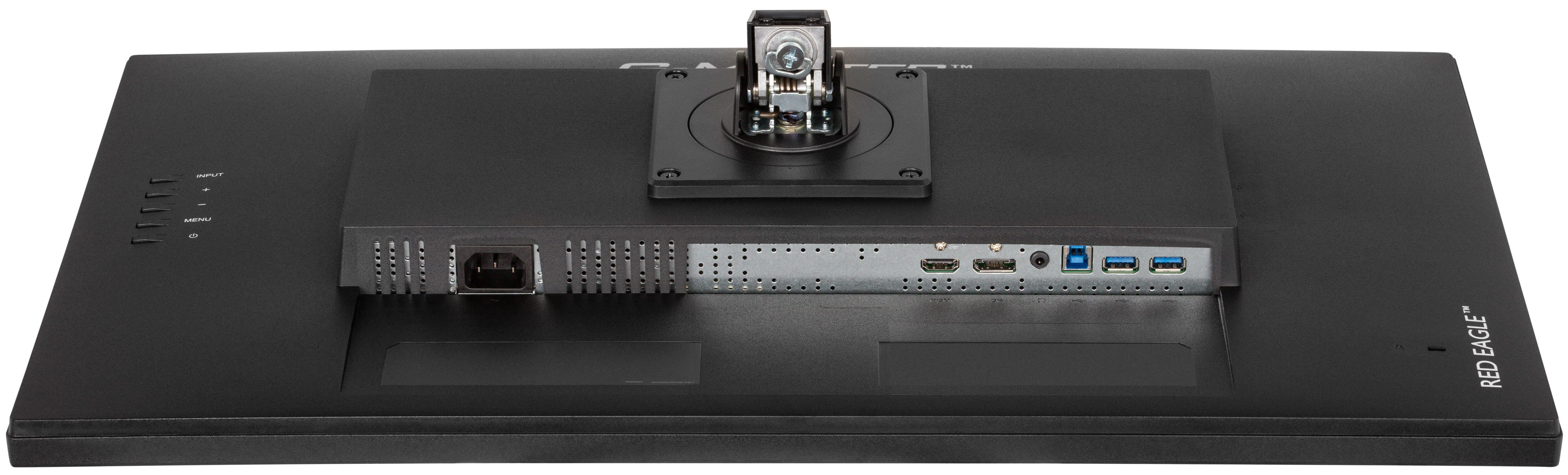 Tył czarnego monitora z różnymi portami, uchwyt montażowy.