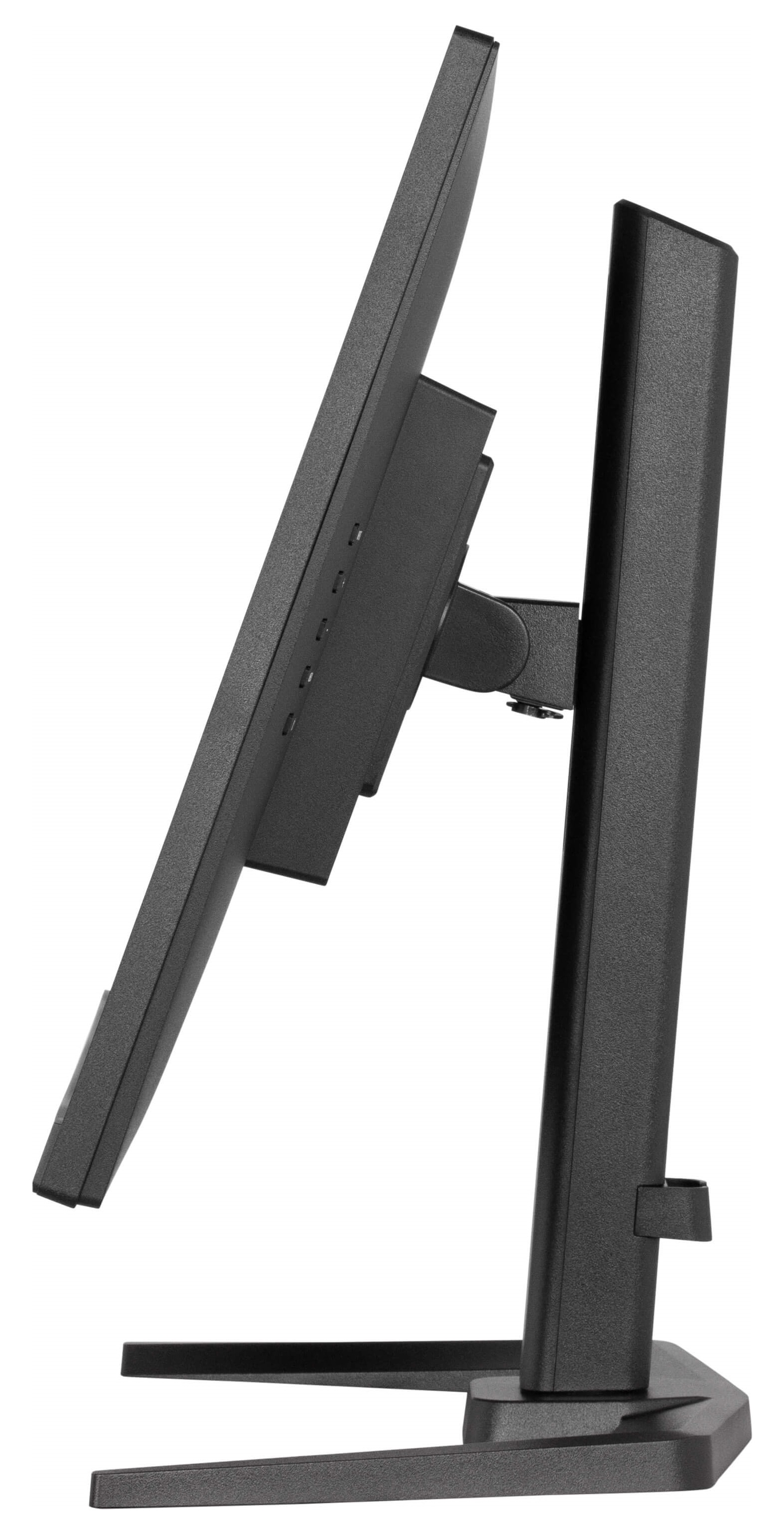 Widok z boku czarnego monitora komputera na czarnym stojaku.