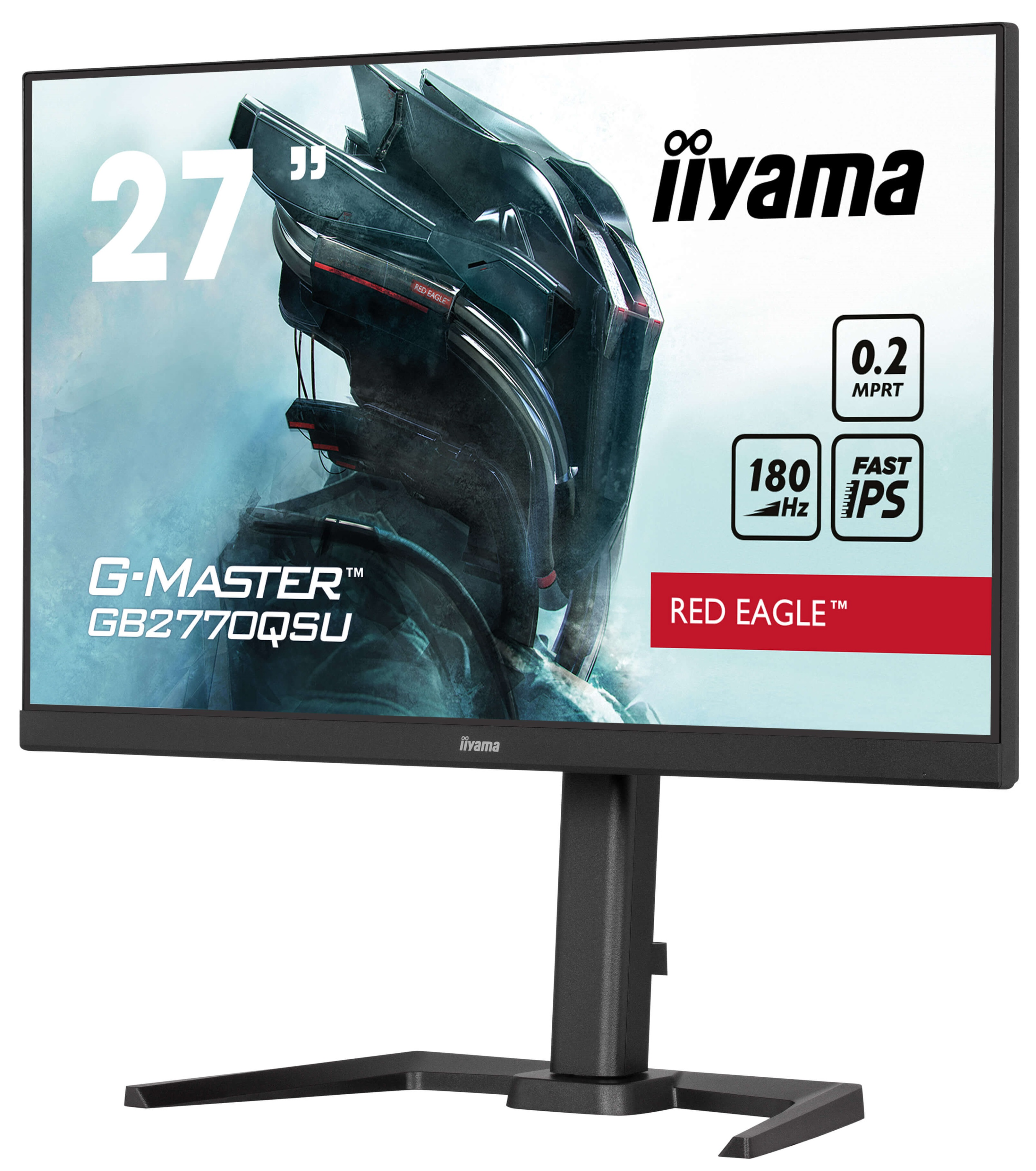 27-calowy monitor do gier z czarną podstawką. Widoczne logo iiyama i Red Eagle.