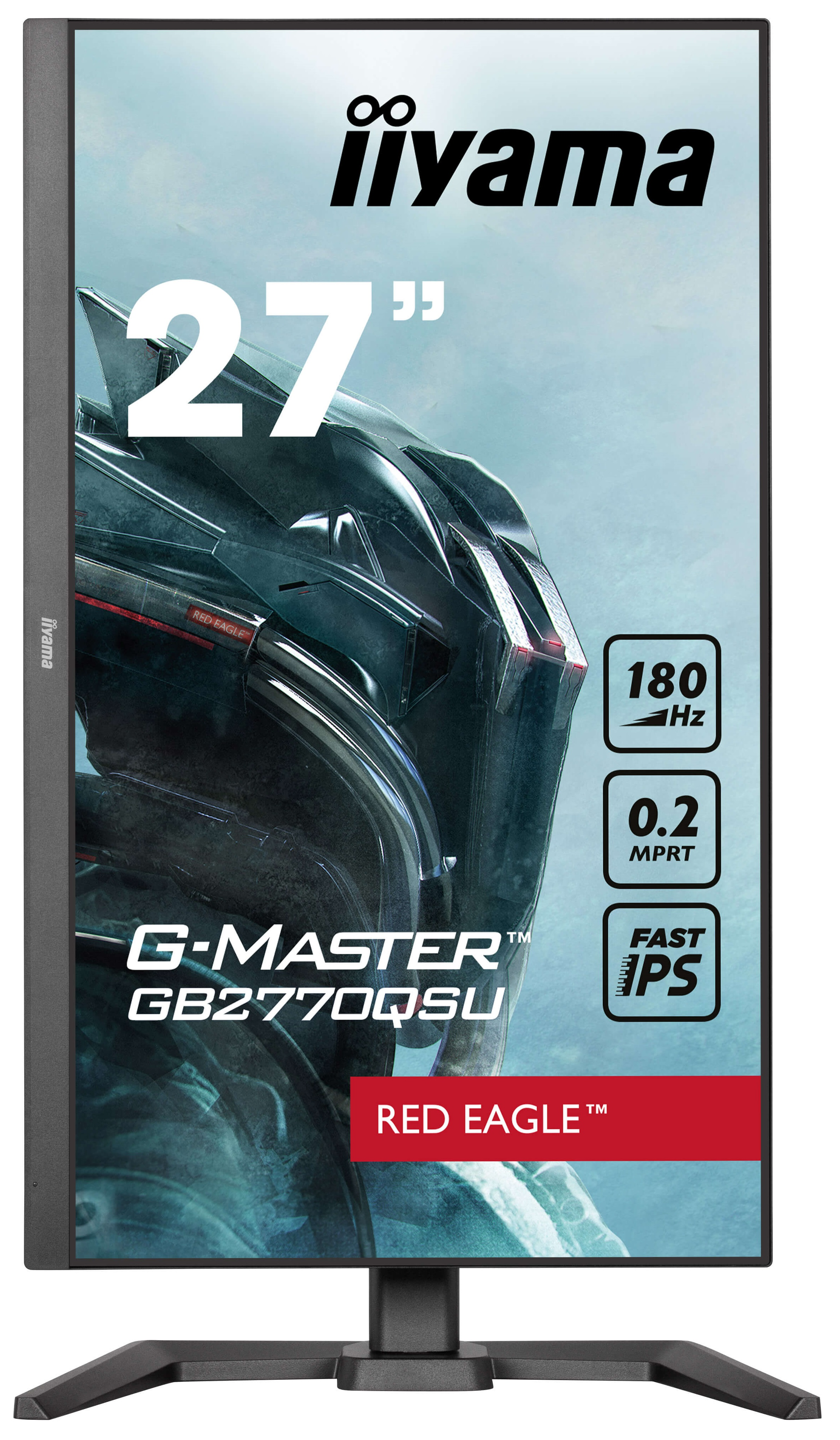 27-calowy monitor Iiyama, czarny stojak. Funkcje: 180Hz, 0.2 MPRT i Fast IPS, oznaczony Red Eagle.