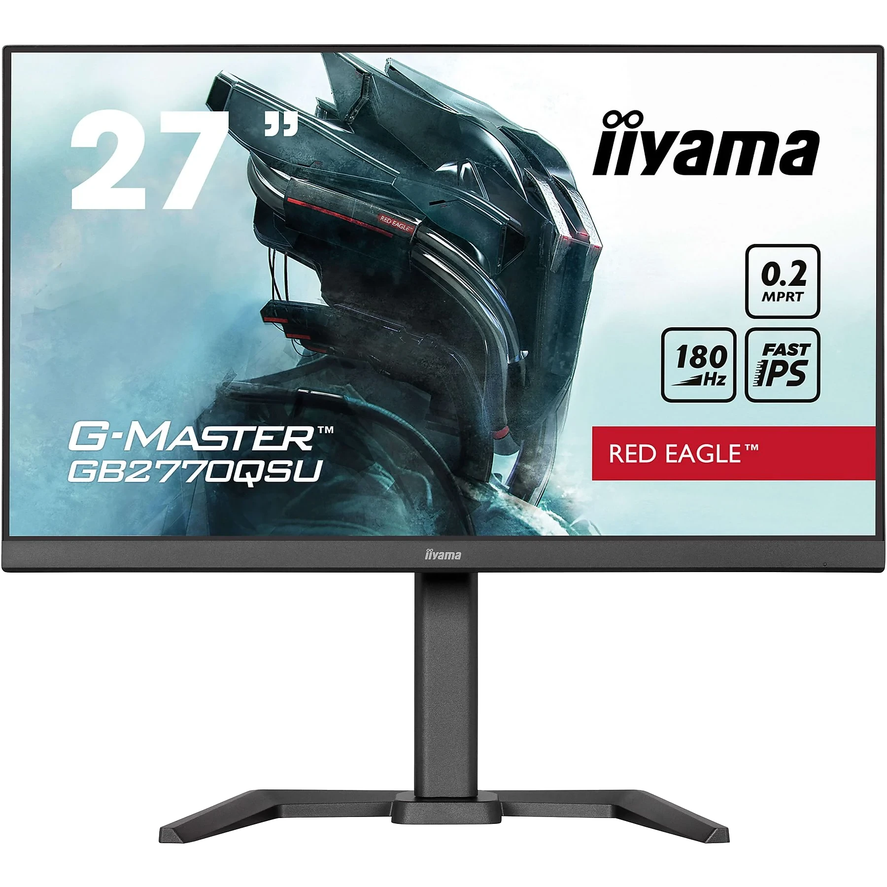 27-calowy monitor iiyama. Ma czarną podstawę i ramkę. Ekran wyświetla nazwę produktu i specyfikacje.