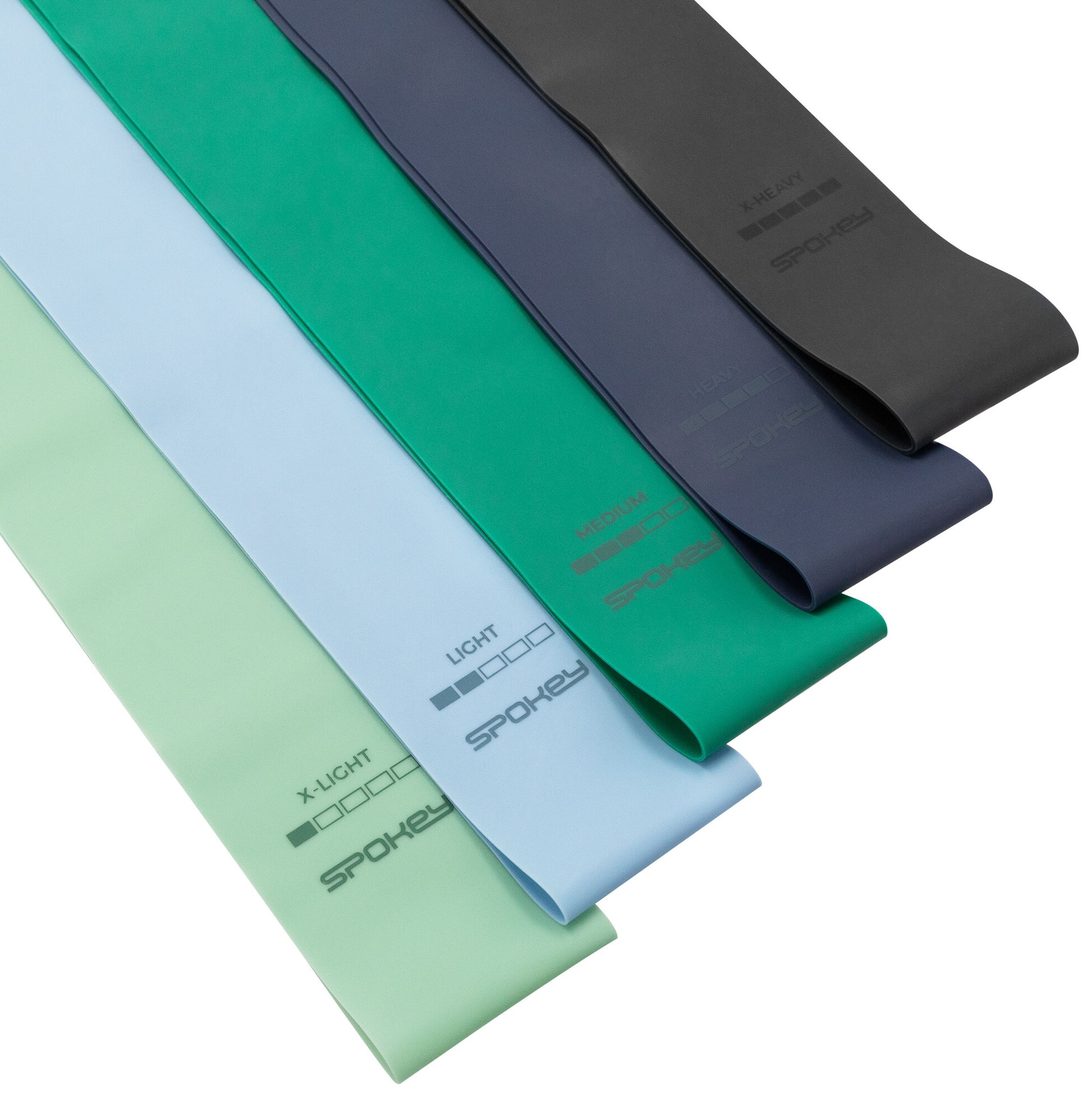 Zestaw taśm oporowych w różnych kolorach, z tekstem na każdej.