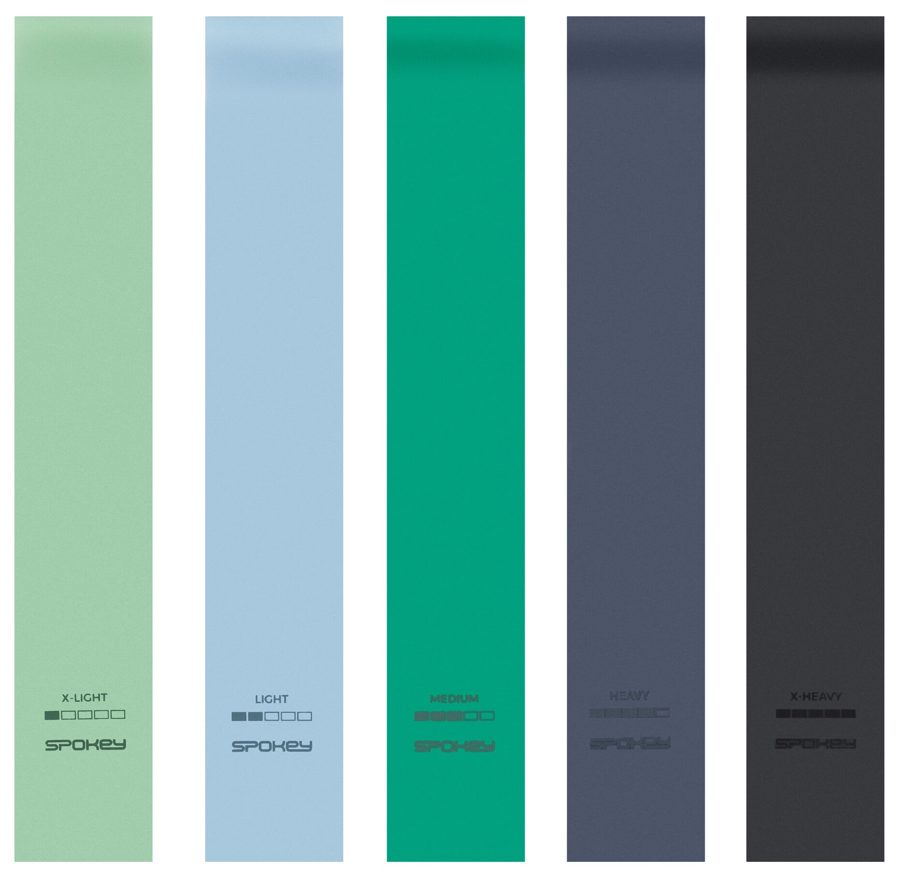 Pięć kolorowych taśm oporowych oznaczonych: X-Light, Light, Medium, Heavy i X-Heavy.