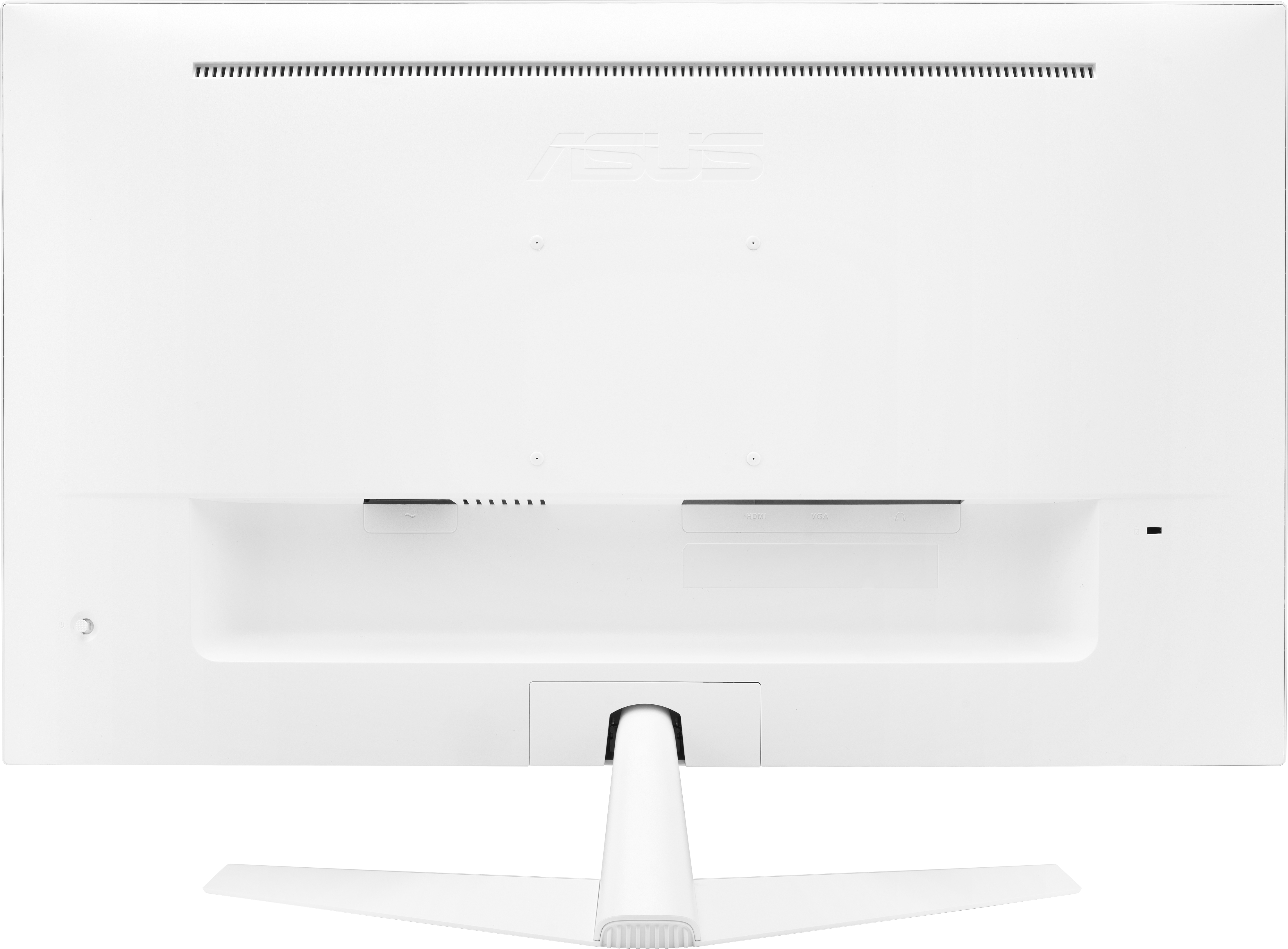 Arrière d'un moniteur d'ordinateur blanc avec le logo ASUS et différents ports.