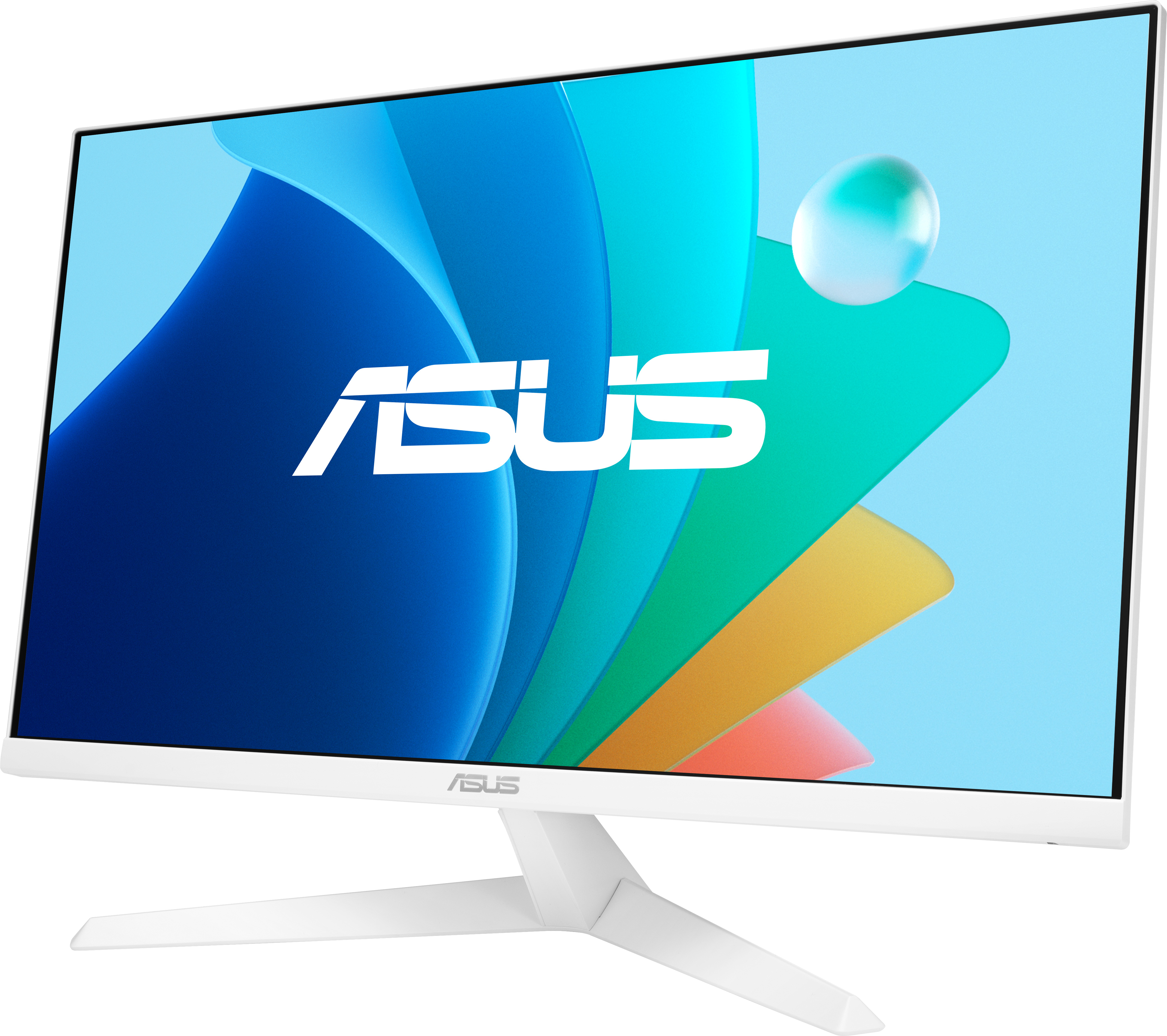 Moniteur blanc avec écran incurvé affichant des formes abstraites colorées.
