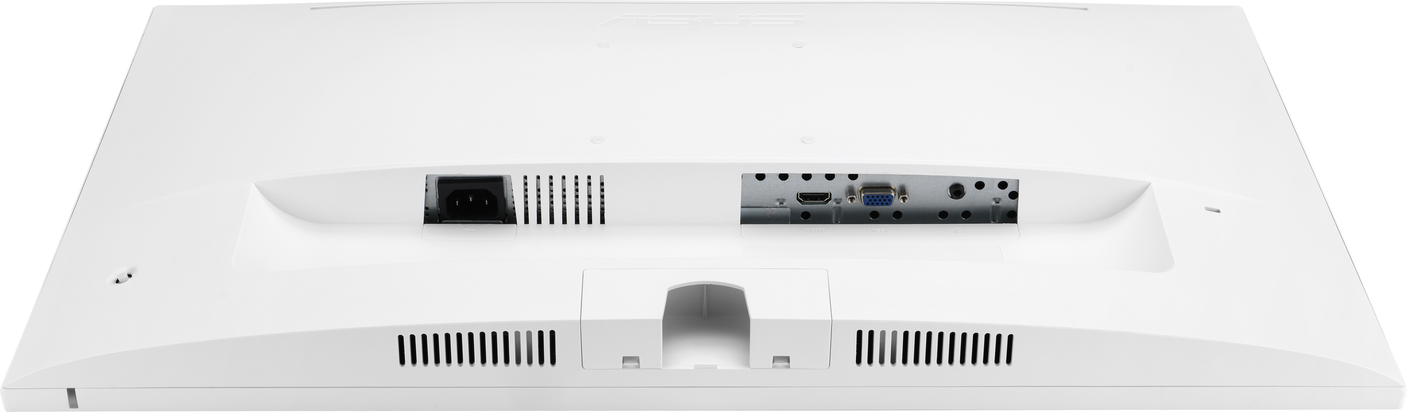 Arrière d'un moniteur blanc avec plusieurs ports et une entrée d'alimentation.