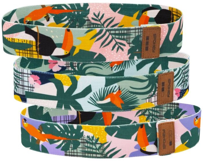 Trzy kolorowe taśmy oporu z tukanami i liśćmi.