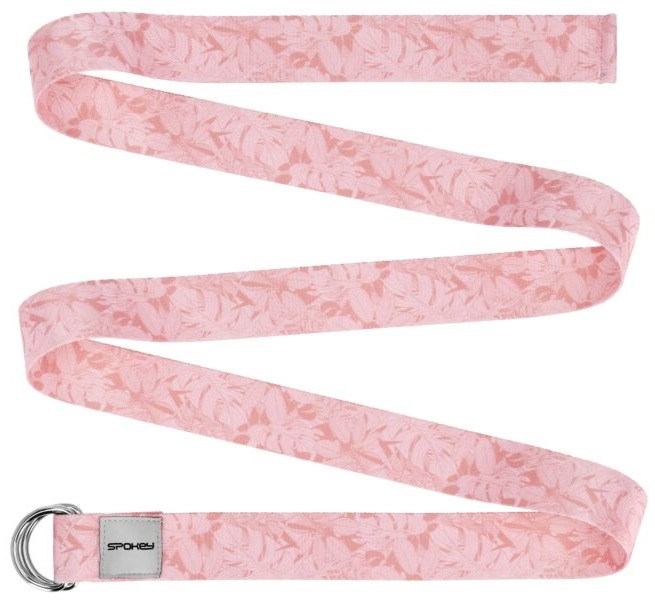 Różowy pasek do jogi z kwiatowym wzorem i srebrnymi metalowymi pierścieniami.