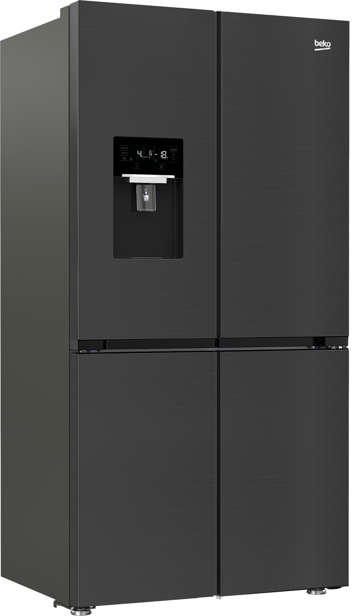 Czarna lodówka Beko z czterema drzwiami. Posiada dozownik wody i wyświetlacz cyfrowy.
