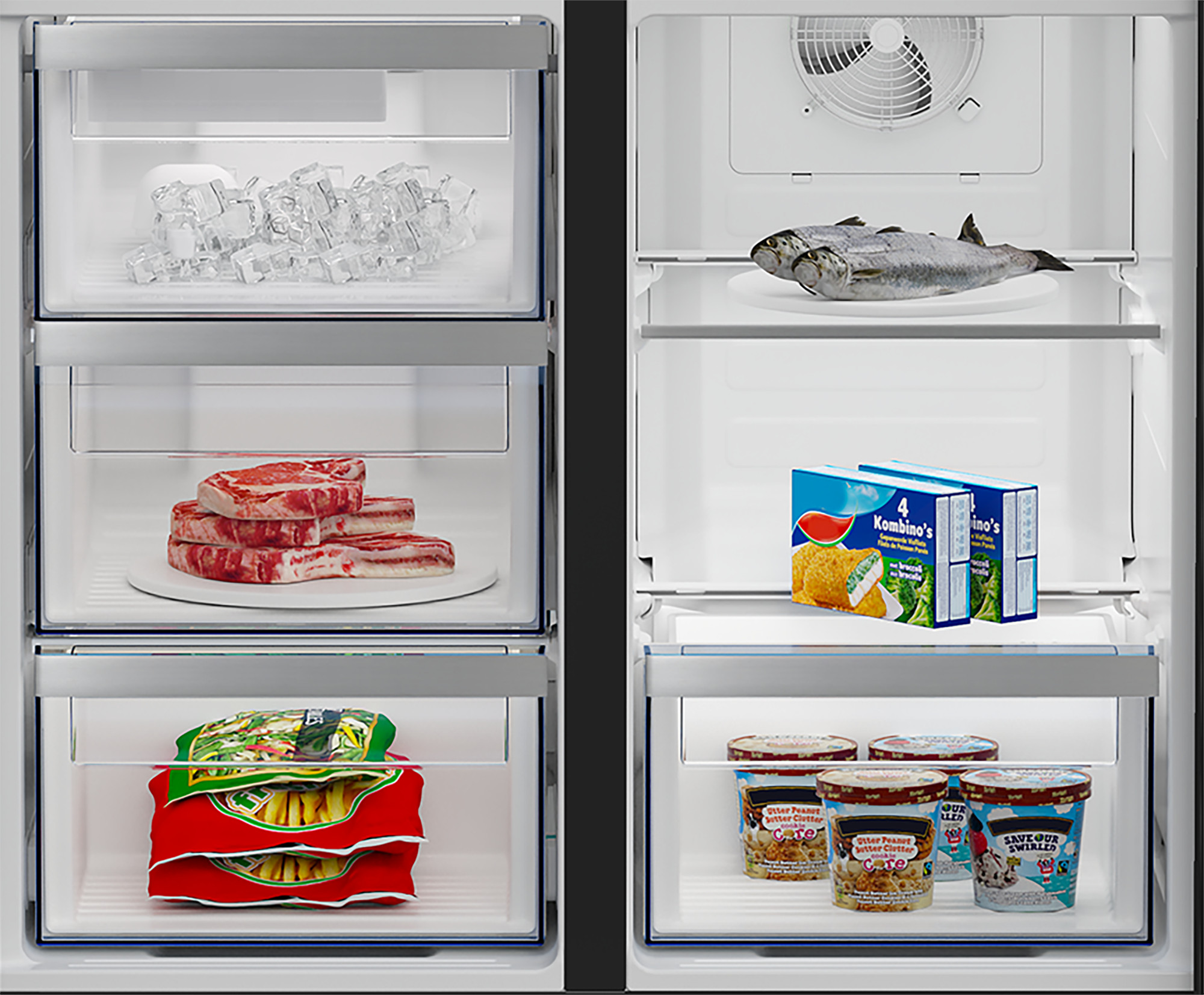 Otwarta lodówka z lodem, mięsem i mrożonkami. Ryby i lody po drugiej stronie.