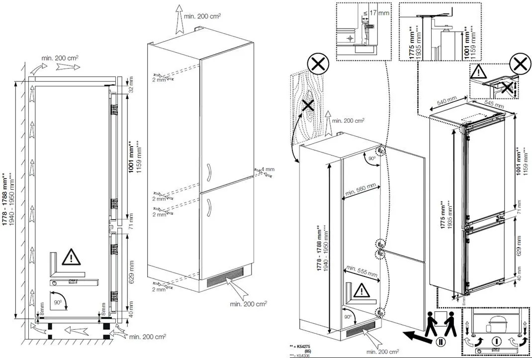 Rysunki techniczne lodówki, ilustrujące wymiary i cechy.