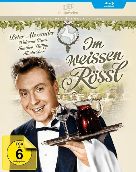 DVD-Cover: Mann hält Tablett mit Gläsern, Wein, Filmtitel 'Im weissen Rössl' und Schauspieler.