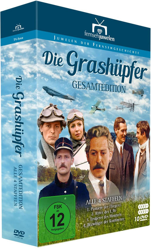 DVD-Box-Set der TV-Serie 'Die Grashüpfer' mit Schauspielern in einem blauen Case.