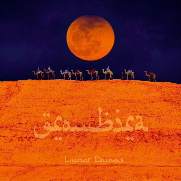 Bild einer Wüstenlandschaft mit Kamelen und Mond. Arabischer Text.