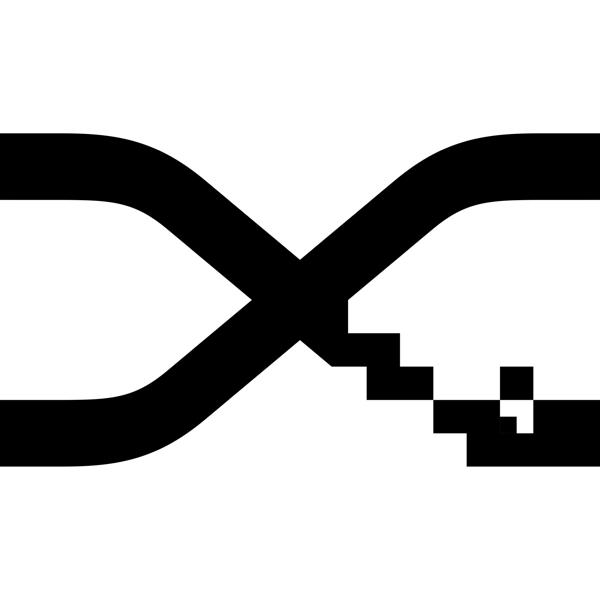 Ein schwarz-weißes abstraktes Design, das einem X mit einer pixeligen rechten Seite ähnelt.