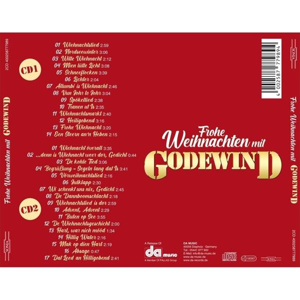 CD-Hülle mit Text: 'Frohe Weihnachten mit GODEWIND' und Titellisten, mit rotem Hintergrund.