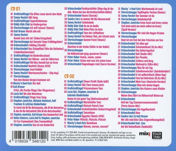 CD-Cover mit Songtiteln auf Deutsch auf einem bunten Hintergrund.