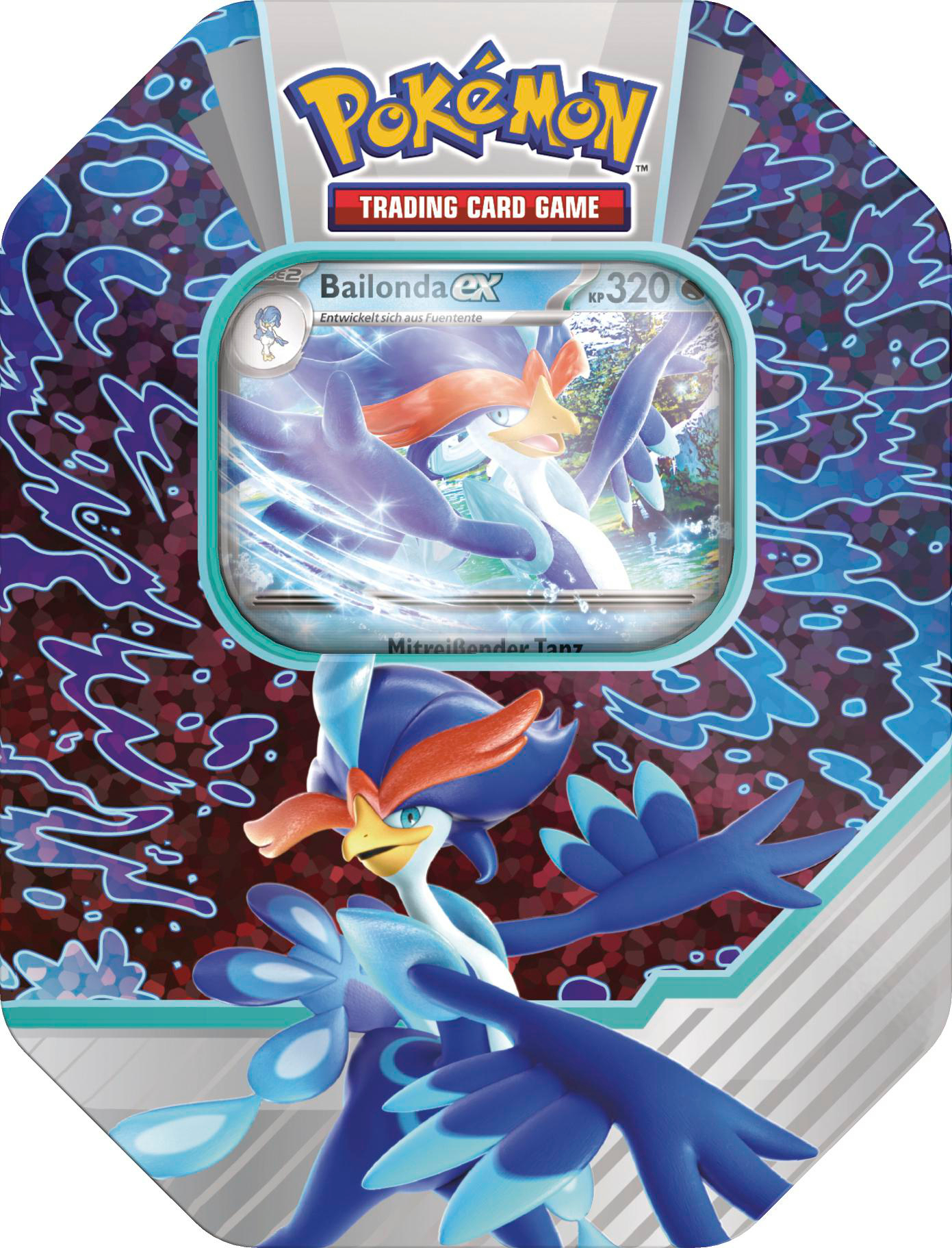 Eine Pokémon-Sammelkarten-Tin mit Bailondaex. Es ist eine blau-weiße Figur mit einem orangefarbenen Kopf, in einer Box mit dem Pokémon-Logo.