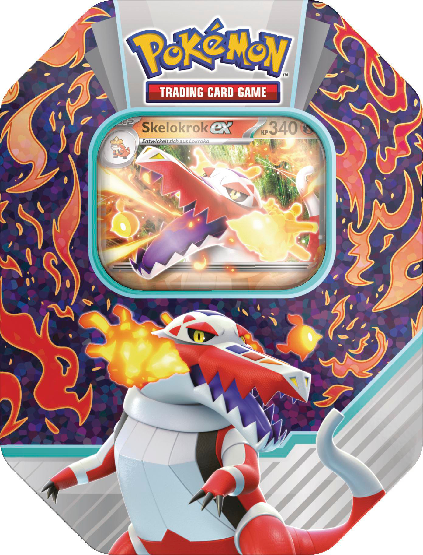 Pokémon-Sammelkarten-Dose. Skelokrok ex-Karte in der Mitte. Rotes, weißes und lila drachenartiges Wesen mit Flammen im Hintergrund.