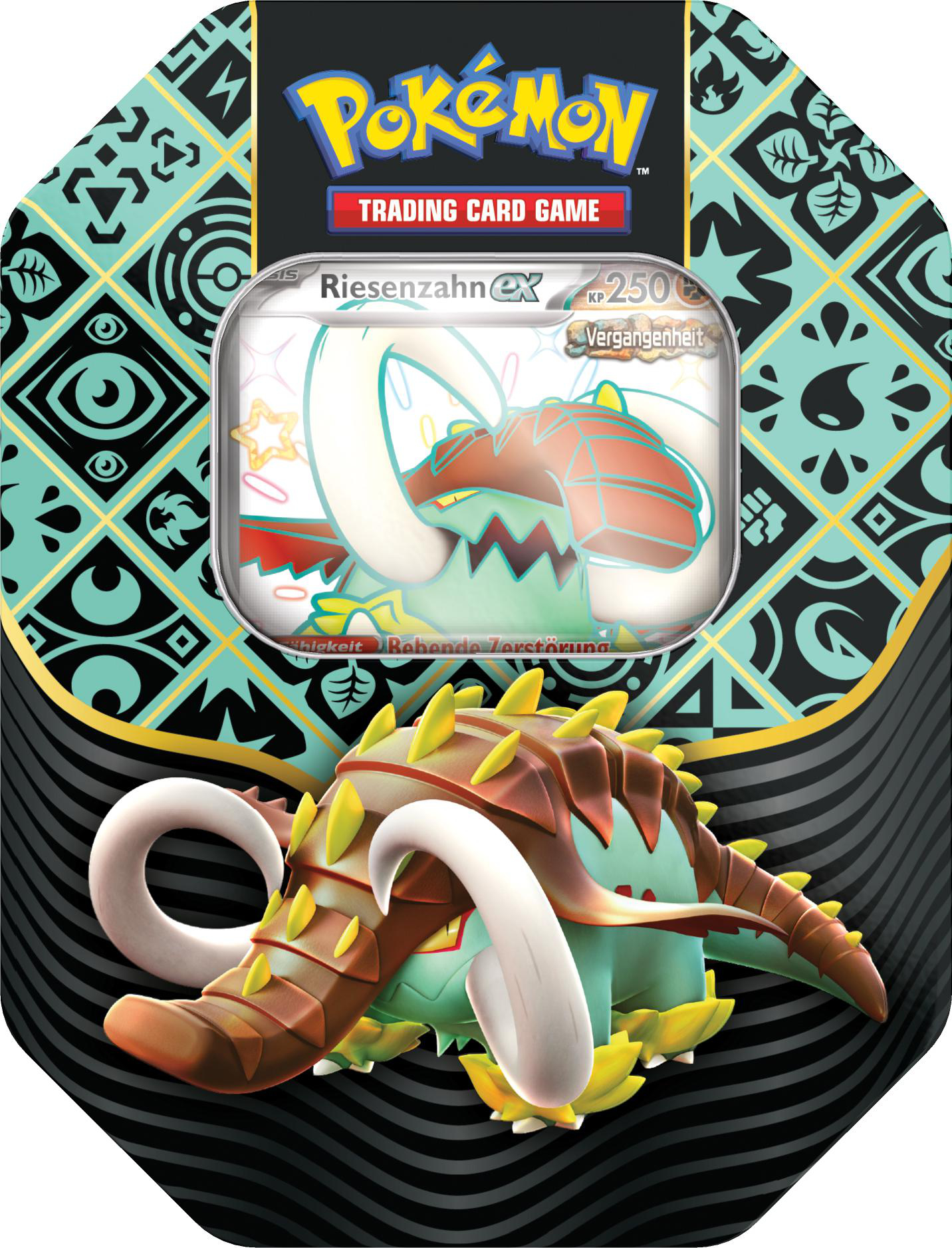 Eine Pokémon-Sammelkarten-Dose. Sie zeigt ein großes, braunes und grünes Monster mit großen Stoßzähnen auf einem schwarz-türkis gemusterten Hintergrund.