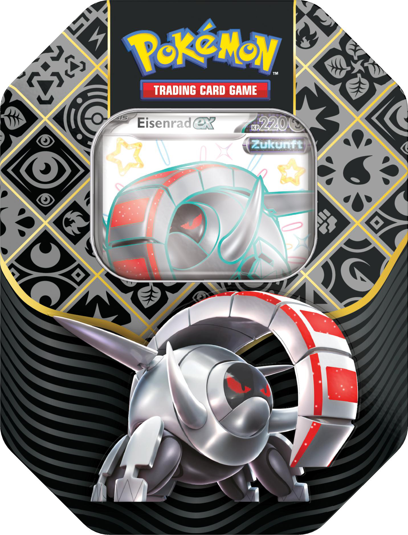 Pokemon-Sammelkarten-Blechdose. Silberne roboterartige Figur mit roten Akzenten. Pokemon-Logo oben. Hintergrund mit geometrischen Mustern und schwarzen Streifen.