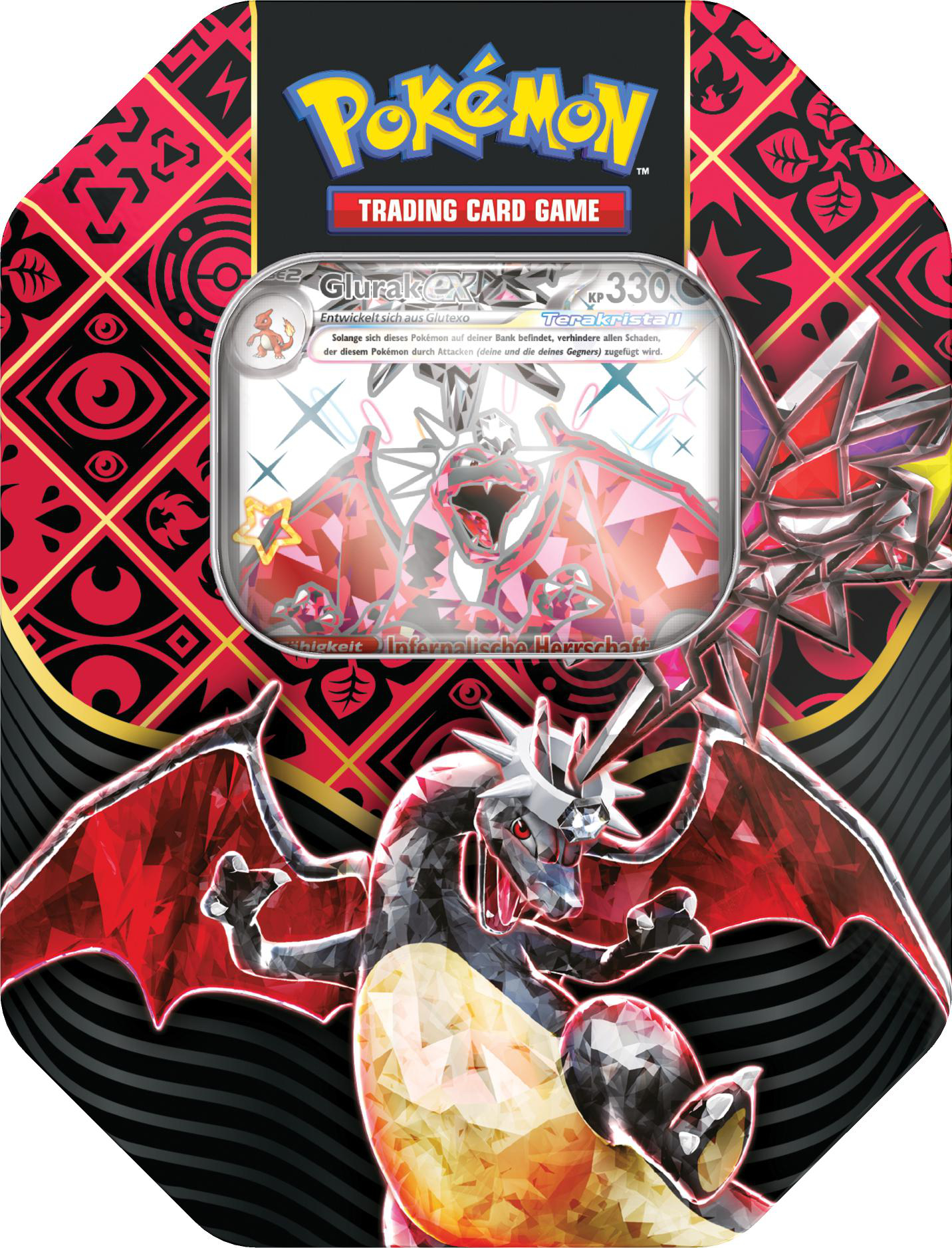 Eine Pokémon-Karte mit einem charizardartigen Wesen in der Mitte. Der Hintergrund hat ein rotes und schwarzes geometrisches Design.
