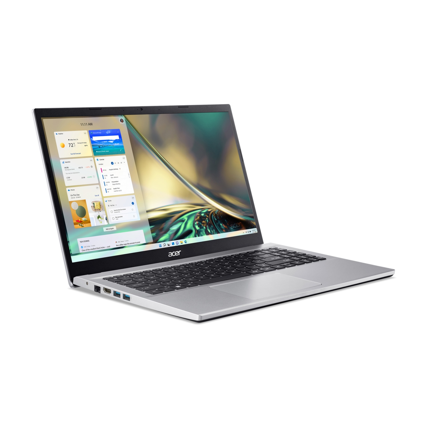 Laptop argentato con schermo luminoso che mostra un'interfaccia colorata.