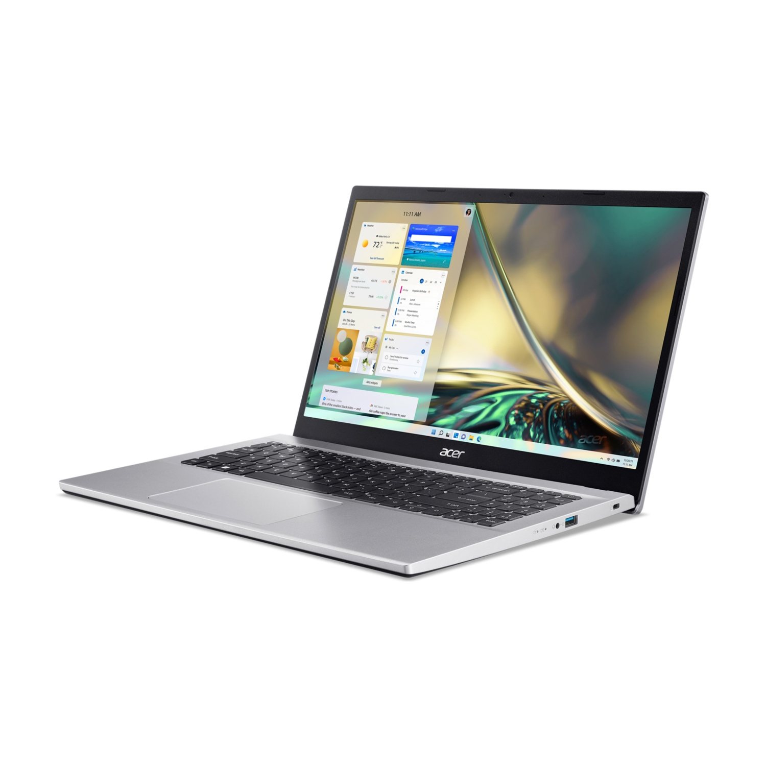 Laptop argentato su sfondo bianco con schermo aperto. La tastiera è visibile.
