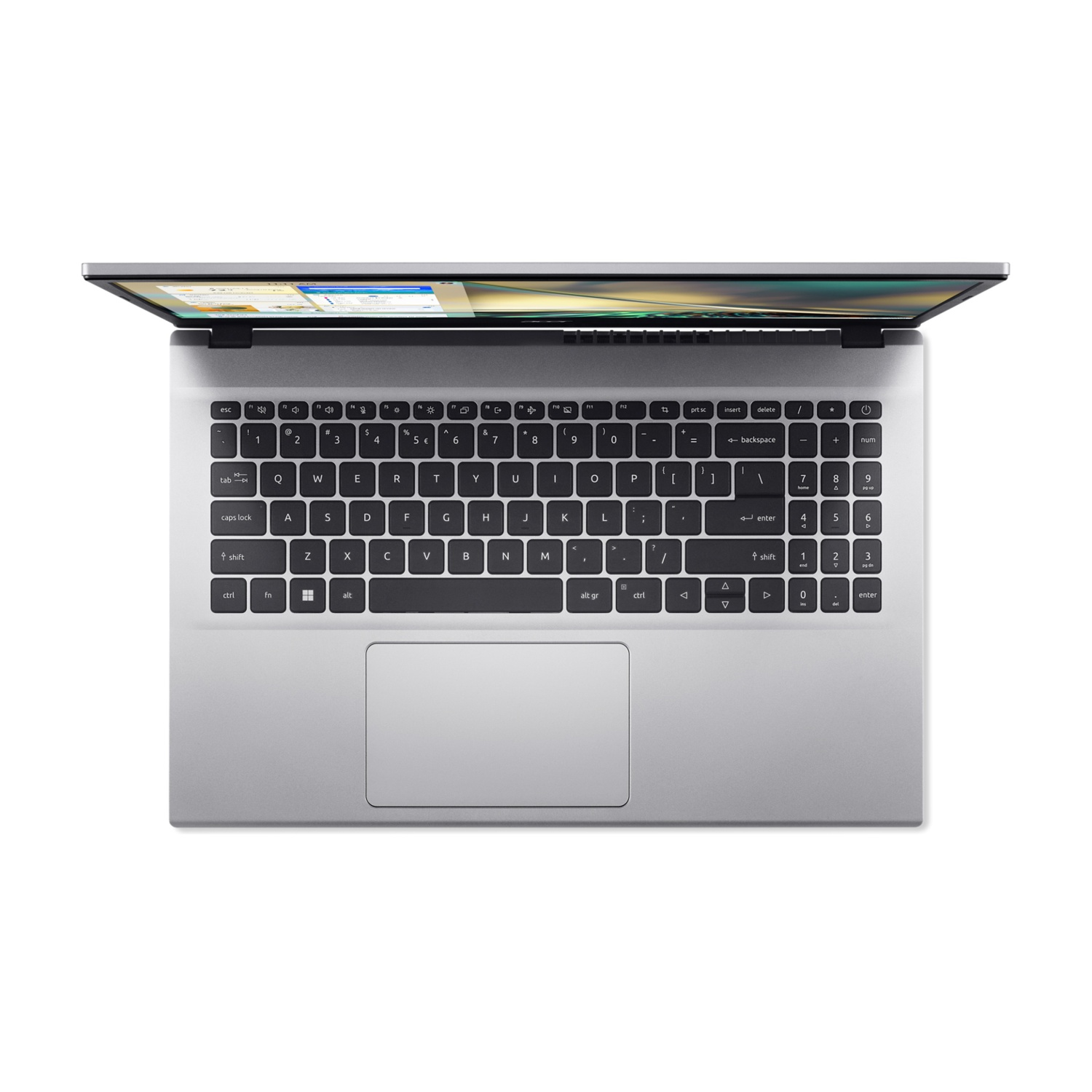 Laptop con tastiera in vista, colore argento, sfondo bianco.