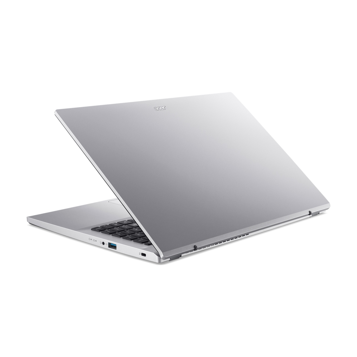 Laptop argentato, vista posteriore. Il laptop è aperto e lo schermo è leggermente inclinato all'indietro.