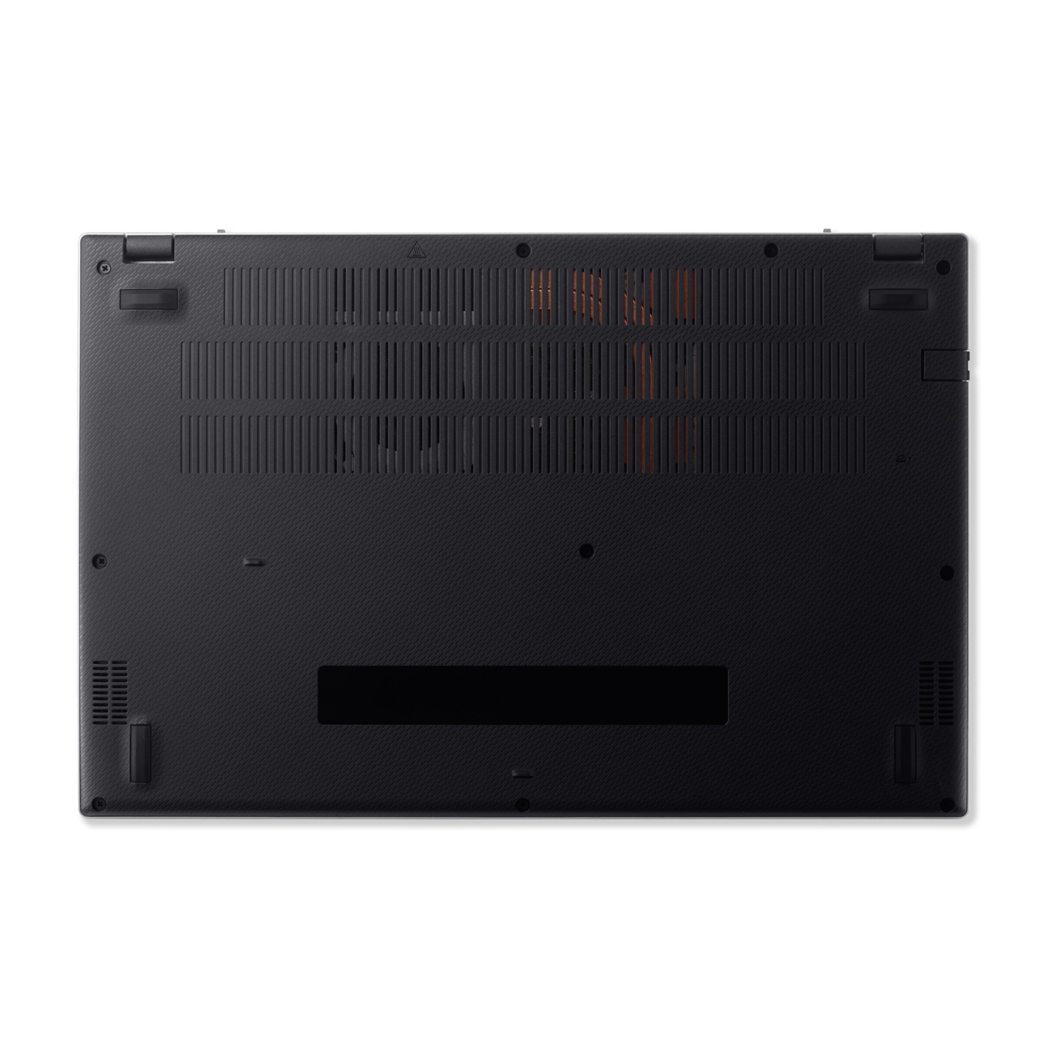 Parte inferiore del laptop nero con prese d'aria e porte.
