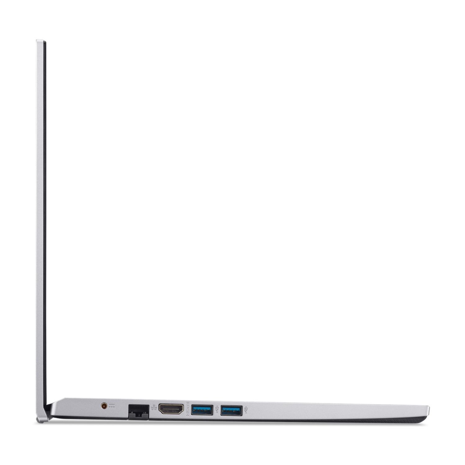 Vista laterale di un laptop argentato con porte visibili.