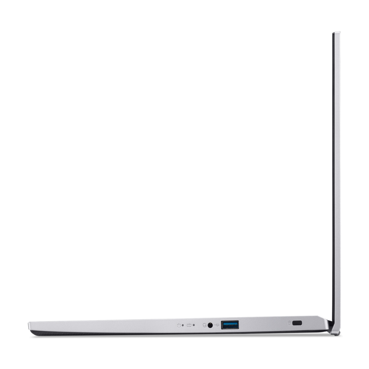 Un laptop argentato, vista laterale. Lo schermo è chiuso e le porte sono visibili.