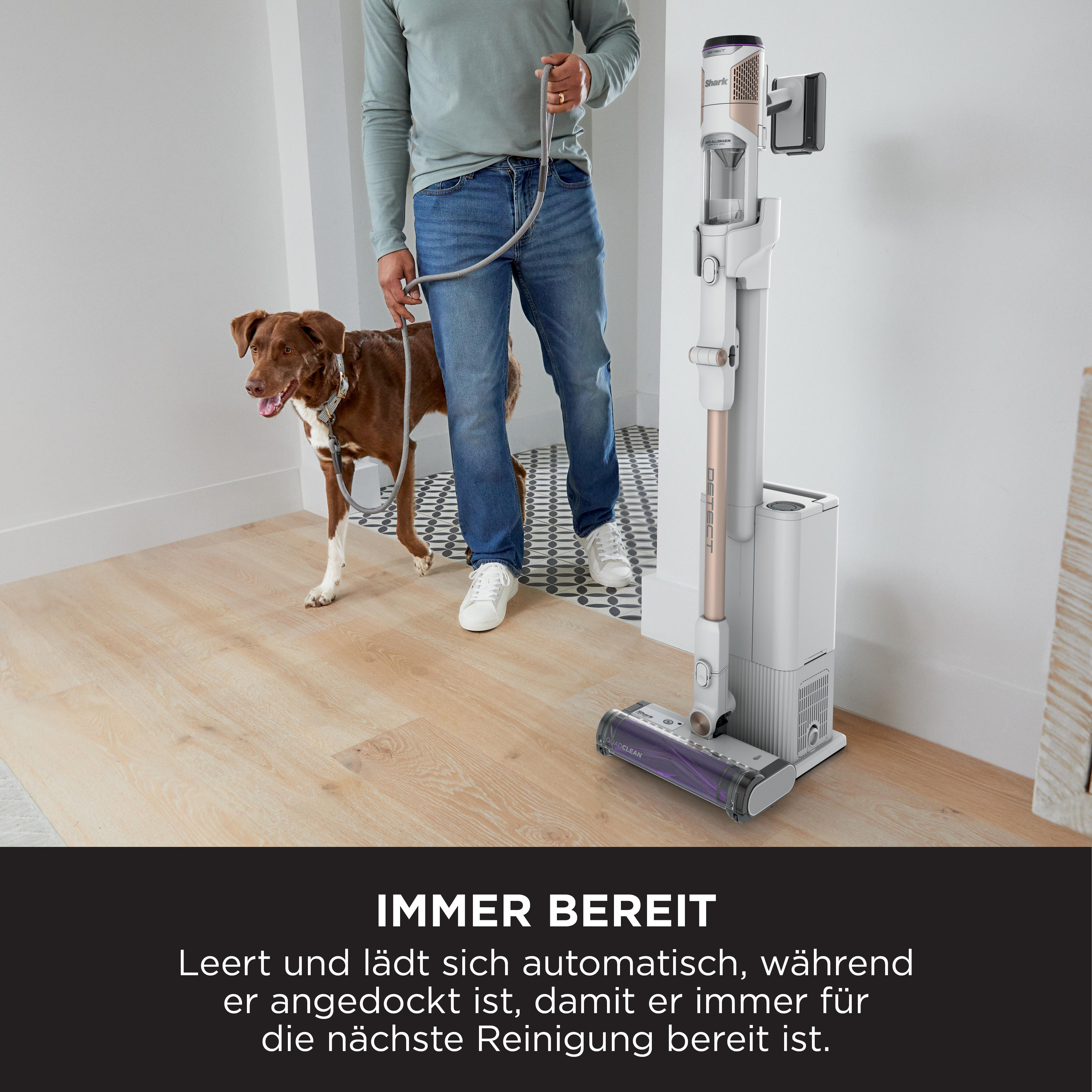 Ein Mann geht mit einem Hund spazieren, ein Staubsauger ist an der Wand angedockt, Text: immer bereit.