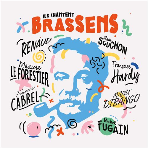 Illustratie van een mannengezicht met een pijp. Namen van zangers en kleurrijke vormen omringen hem.