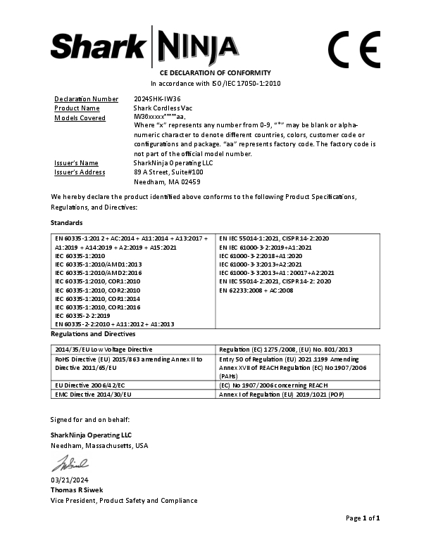 Ein Dokument von SharkNinja mit Text, Logos und Standardinformationen auf weißem Hintergrund.