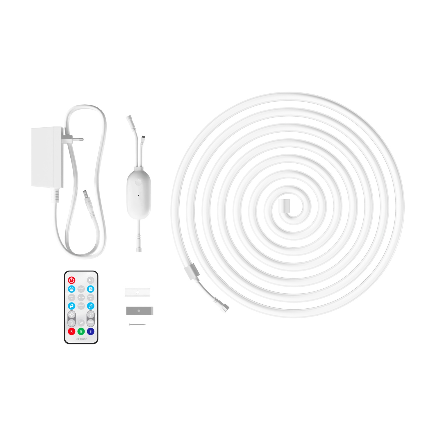 Un kit di illuminazione a strisce LED bianche con un adattatore di alimentazione, un'unità di controllo e un telecomando.