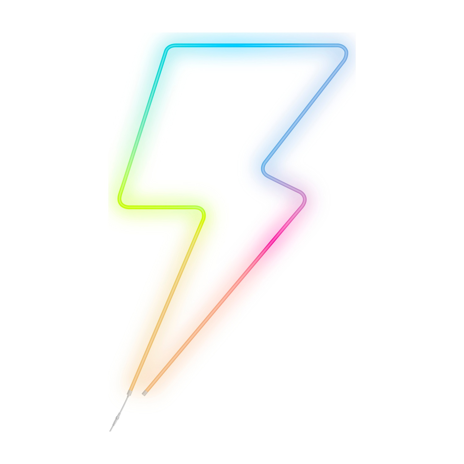 Design a fulmine al neon con colori arcobaleno su bianco.