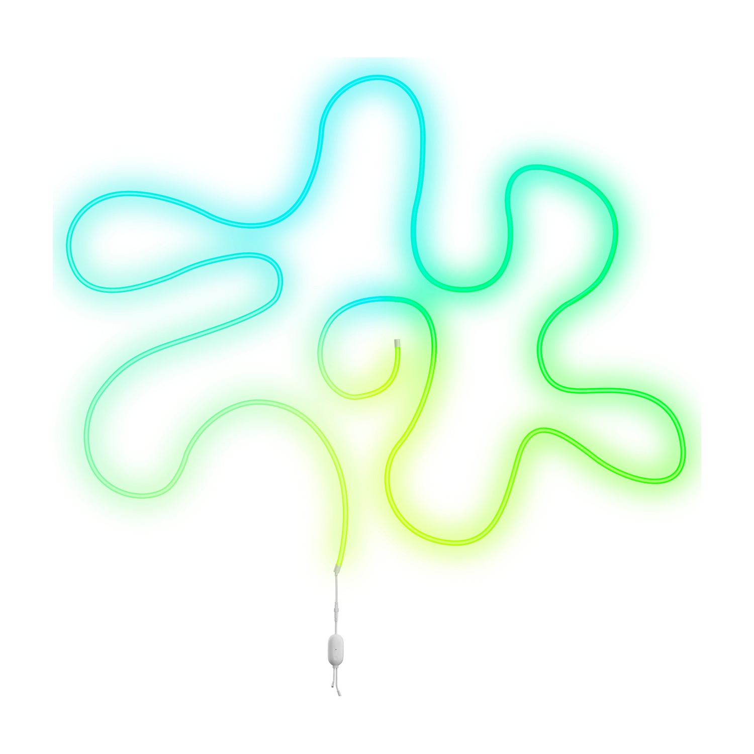 Design di luce al neon su sfondo bianco. È una linea ondulata e luminosa.