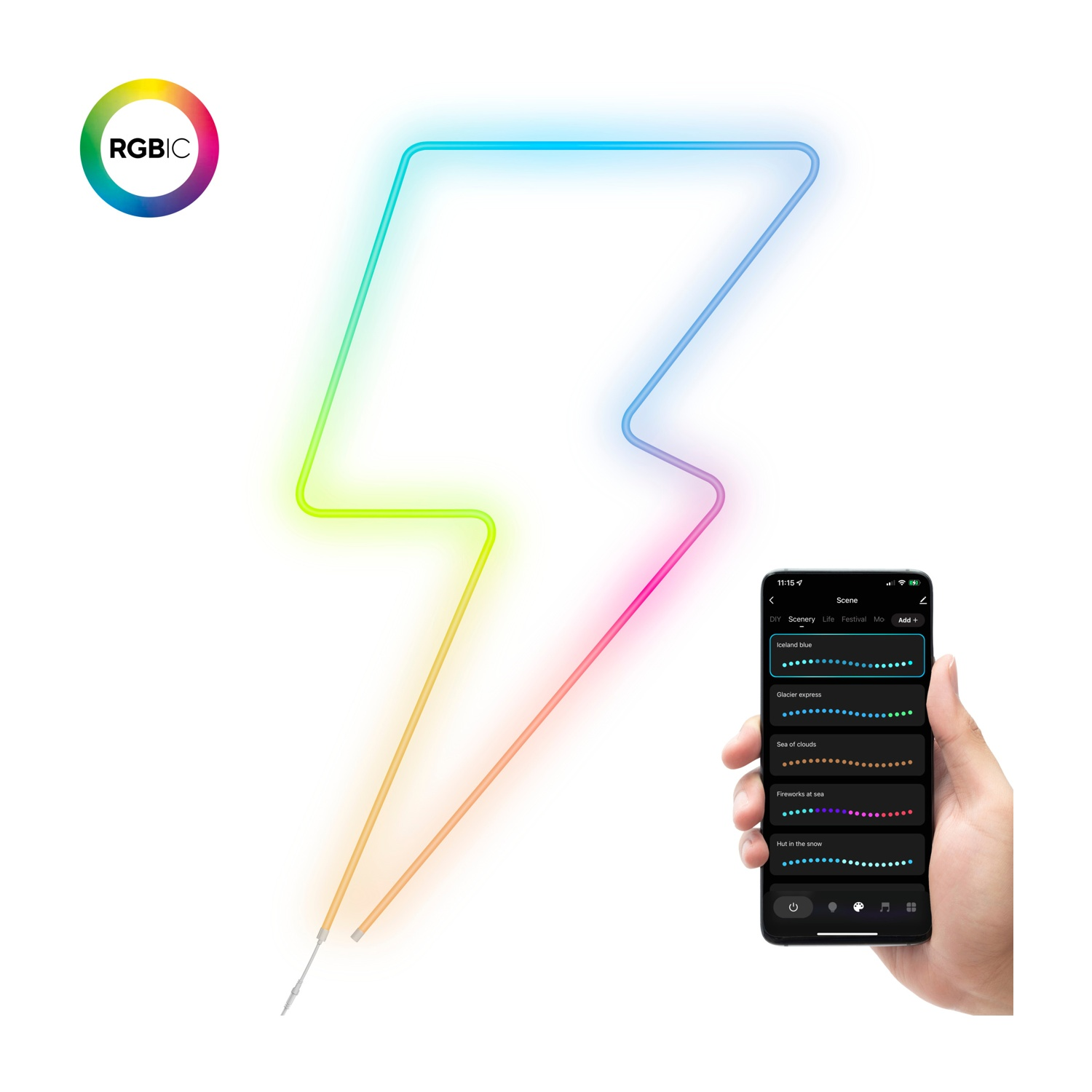 Luce a forma di fulmine RGBIC con telefono che mostra il controllo dell'app.