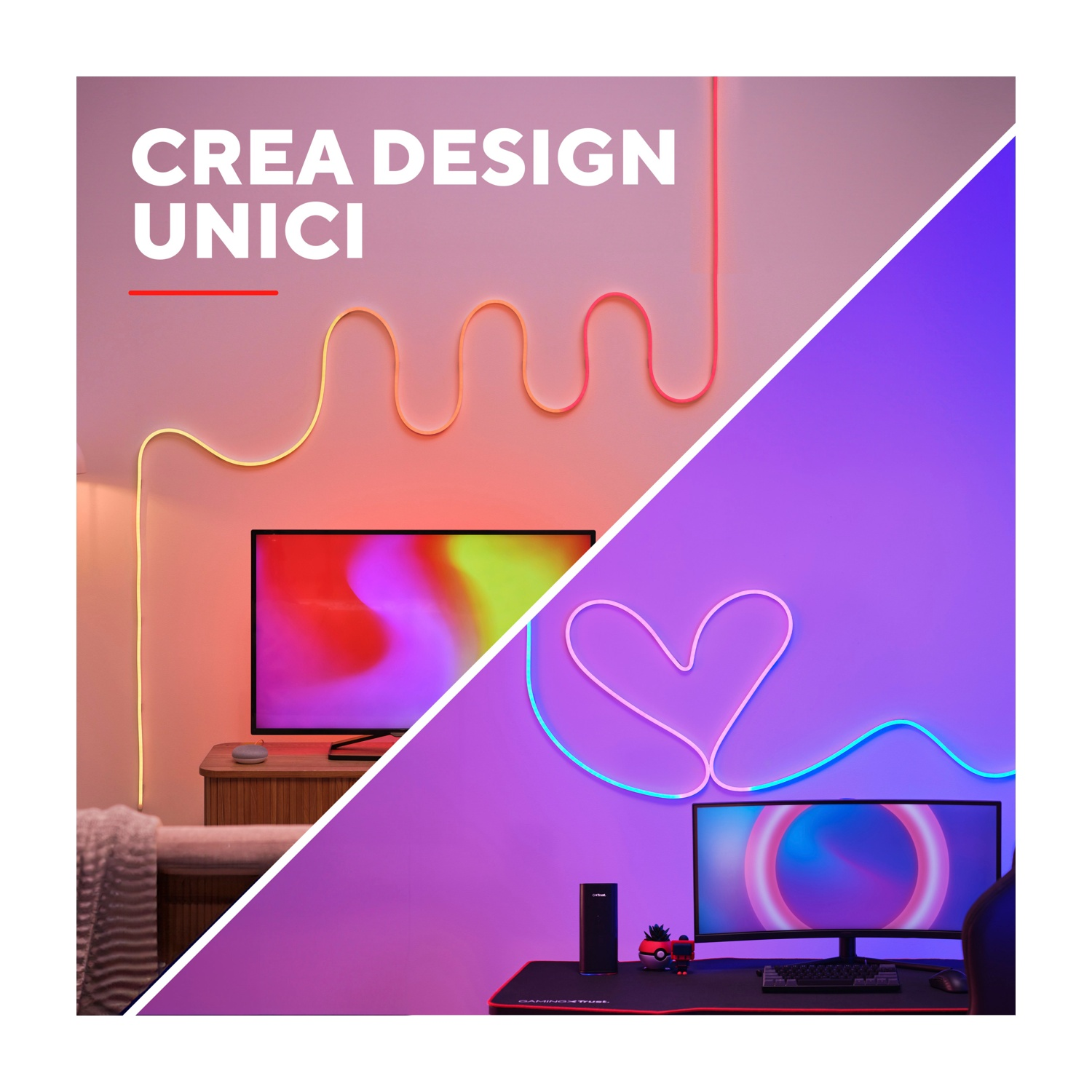 Stanza con design neon, TV, scrivania e monitor, con testo CREA DESIGN UNICI.